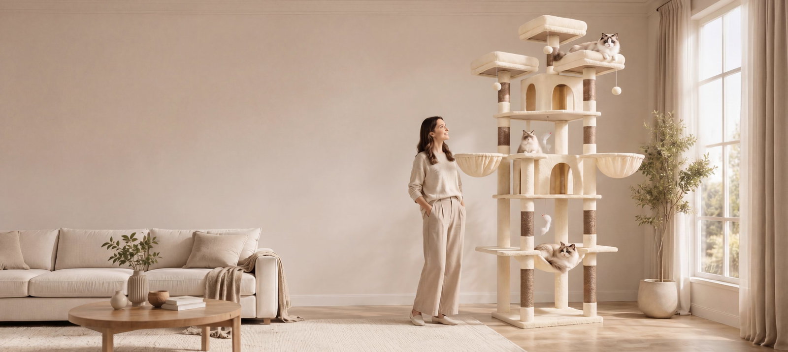 Woman watching her cat on a Globlazer cat tree in a cozy living room