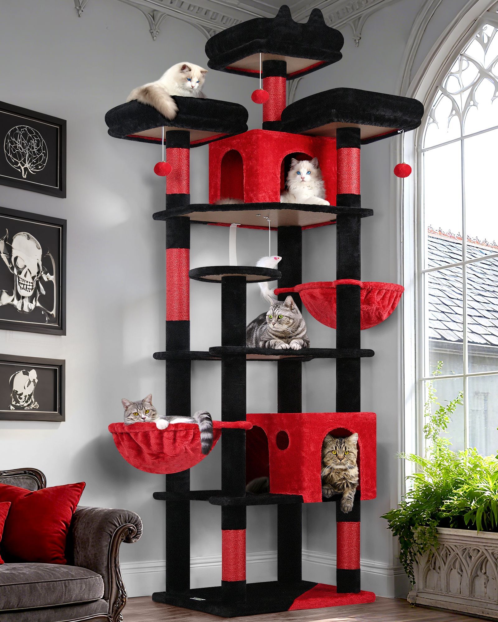 F82 Cat Tree With Hammock(Gothic Red Black,82-inch)