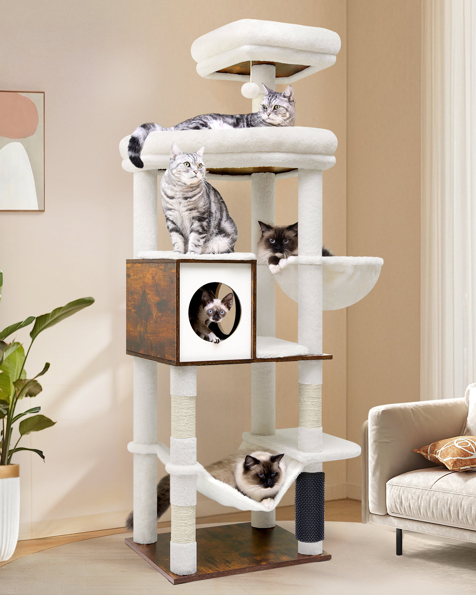 W66 Tall Cat Tree(Beige,66-inch)