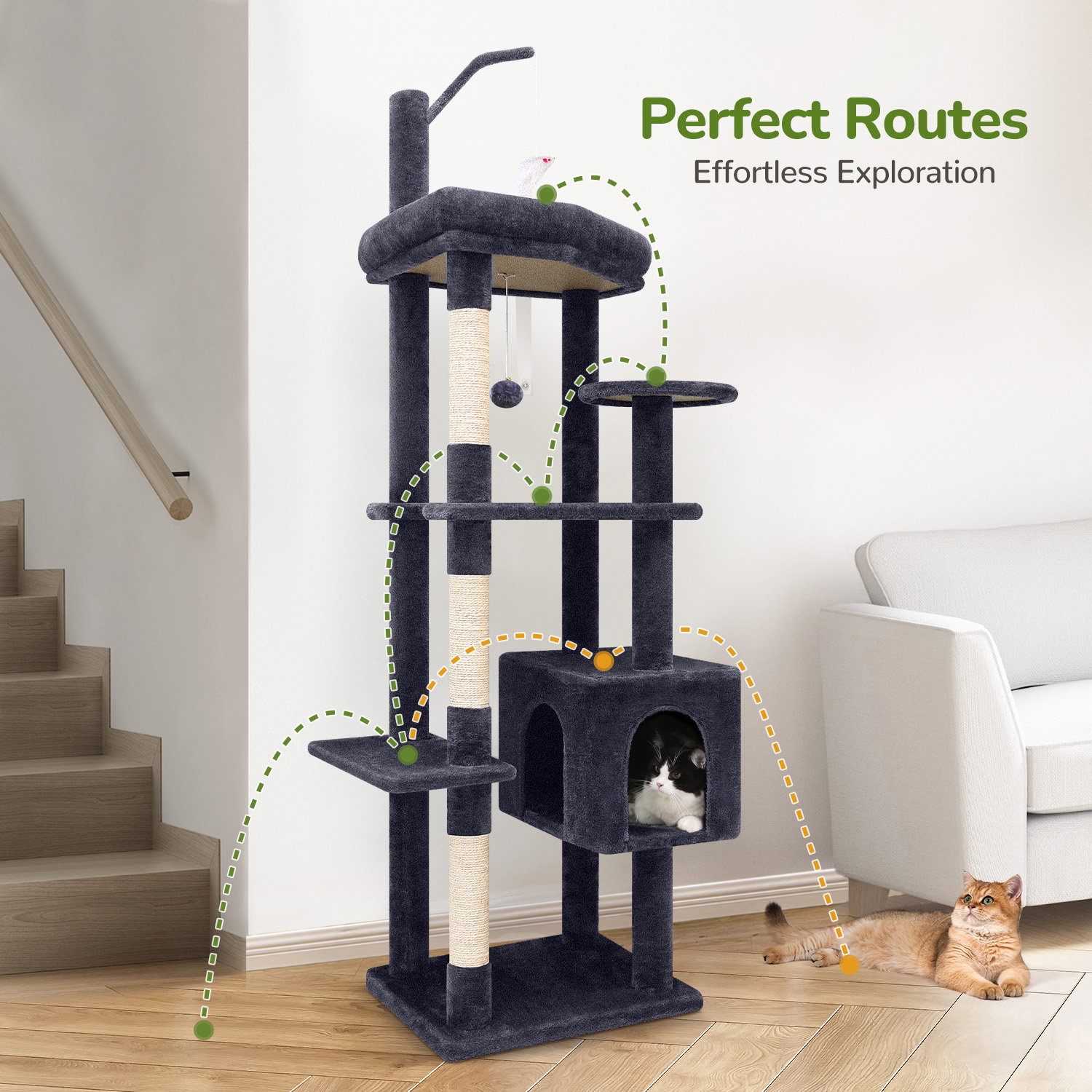 F64 Cat Tree With Scratching Post(Dark Grey,64-inch)