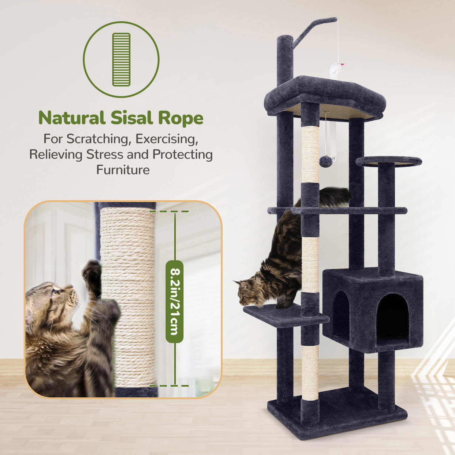 F64 Cat Tree With Scratching Post(Dark Grey,64-inch)