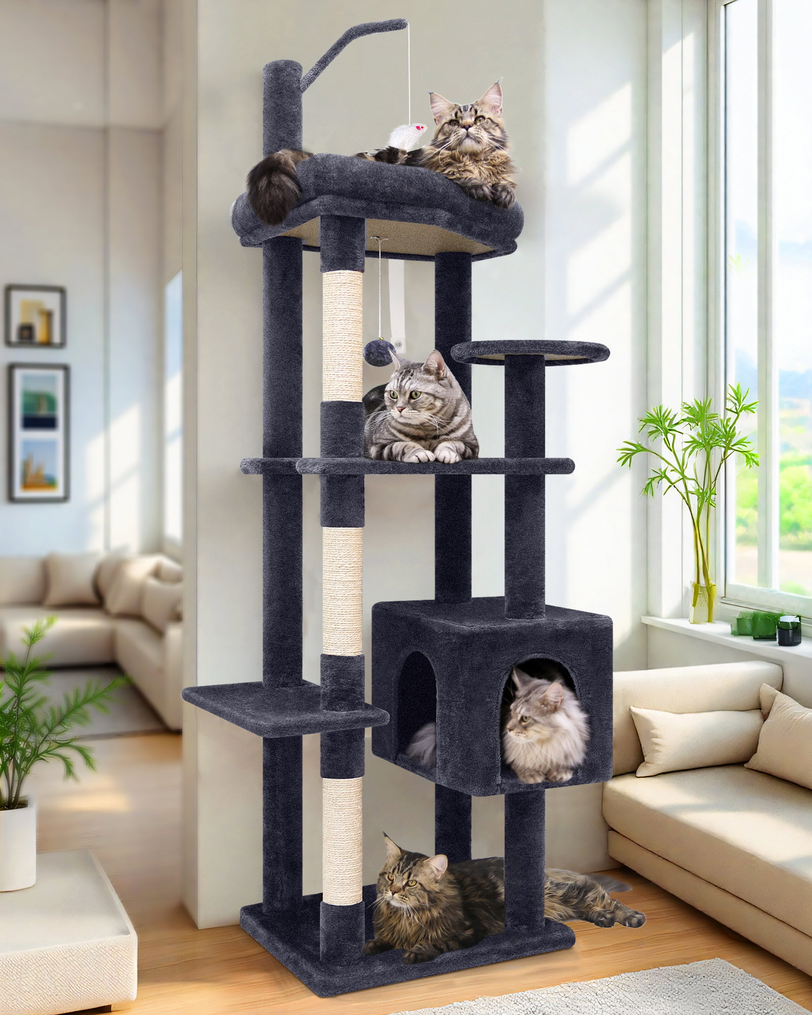 F64 Cat Tree With Scratching Post(Dark Grey,64-inch)