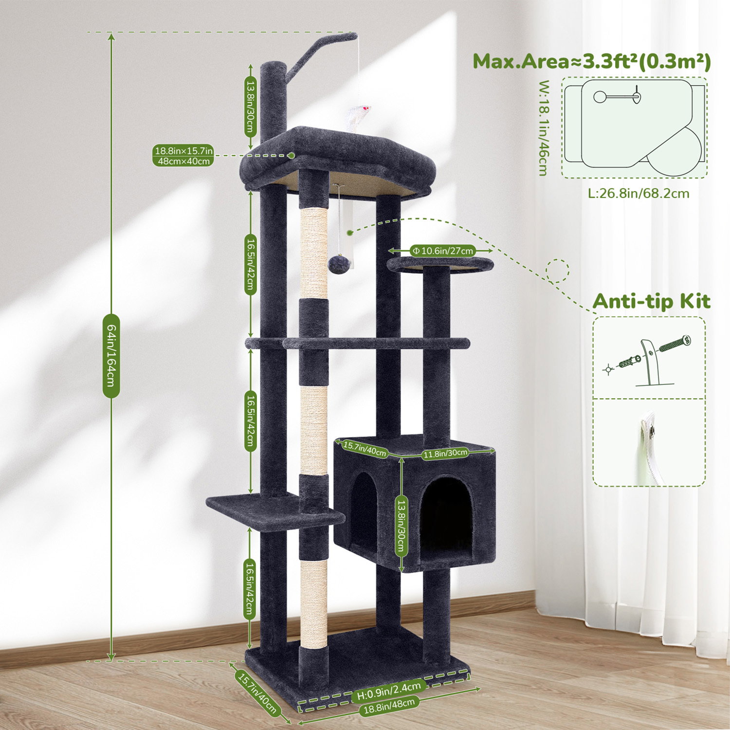 F64 Cat Tree With Scratching Post(Dark Grey,64-inch)