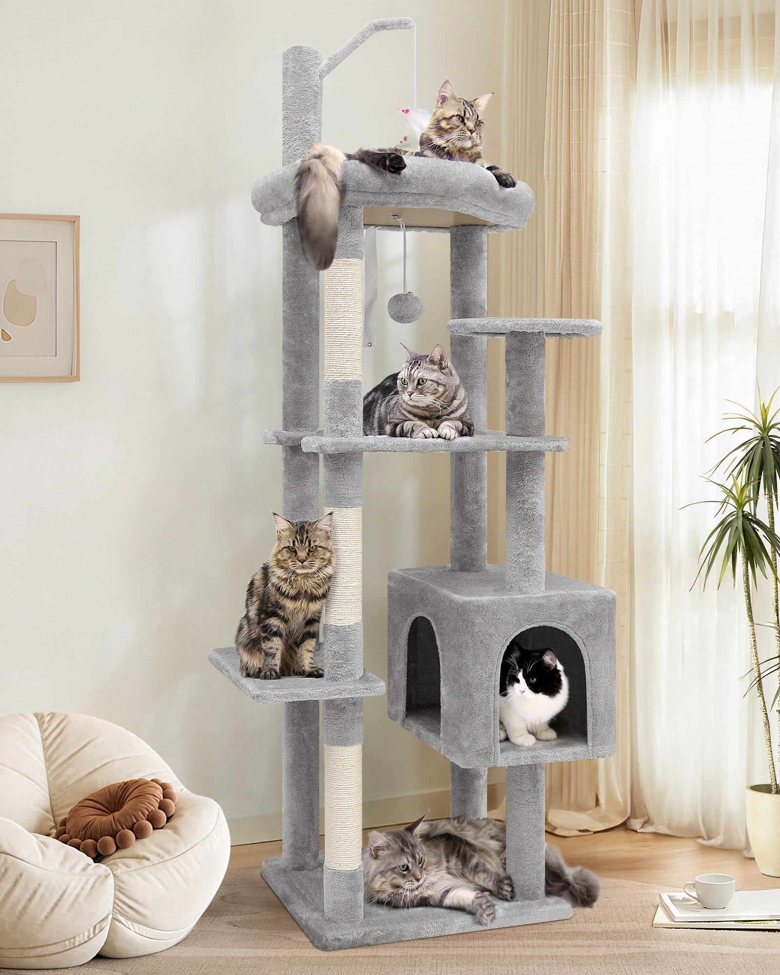 F64 Adult Cat Tree Tower(Light Gray,64inch)