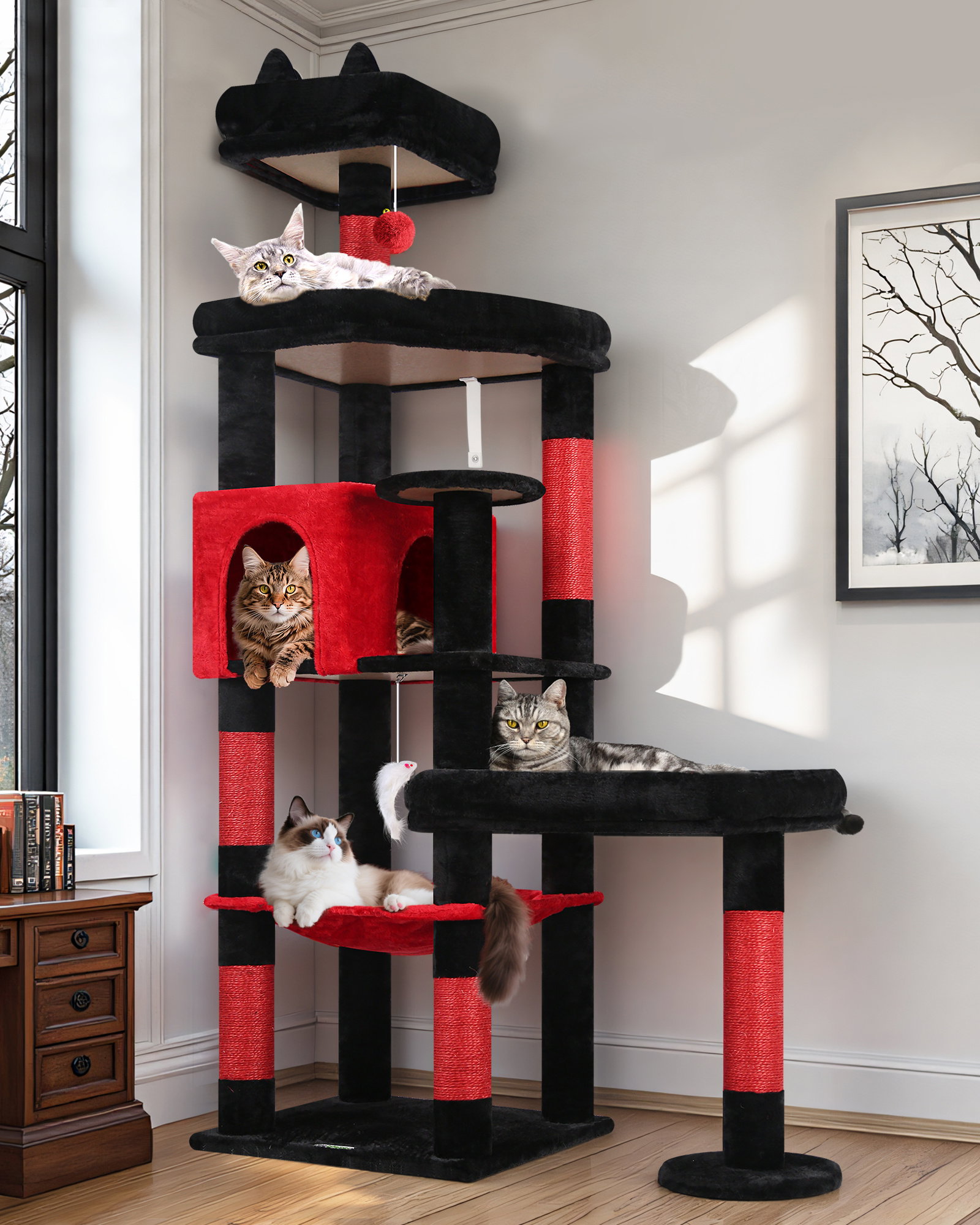 S65 Heavy Duty Cat Tree(Gothic Red Black,65-inch)