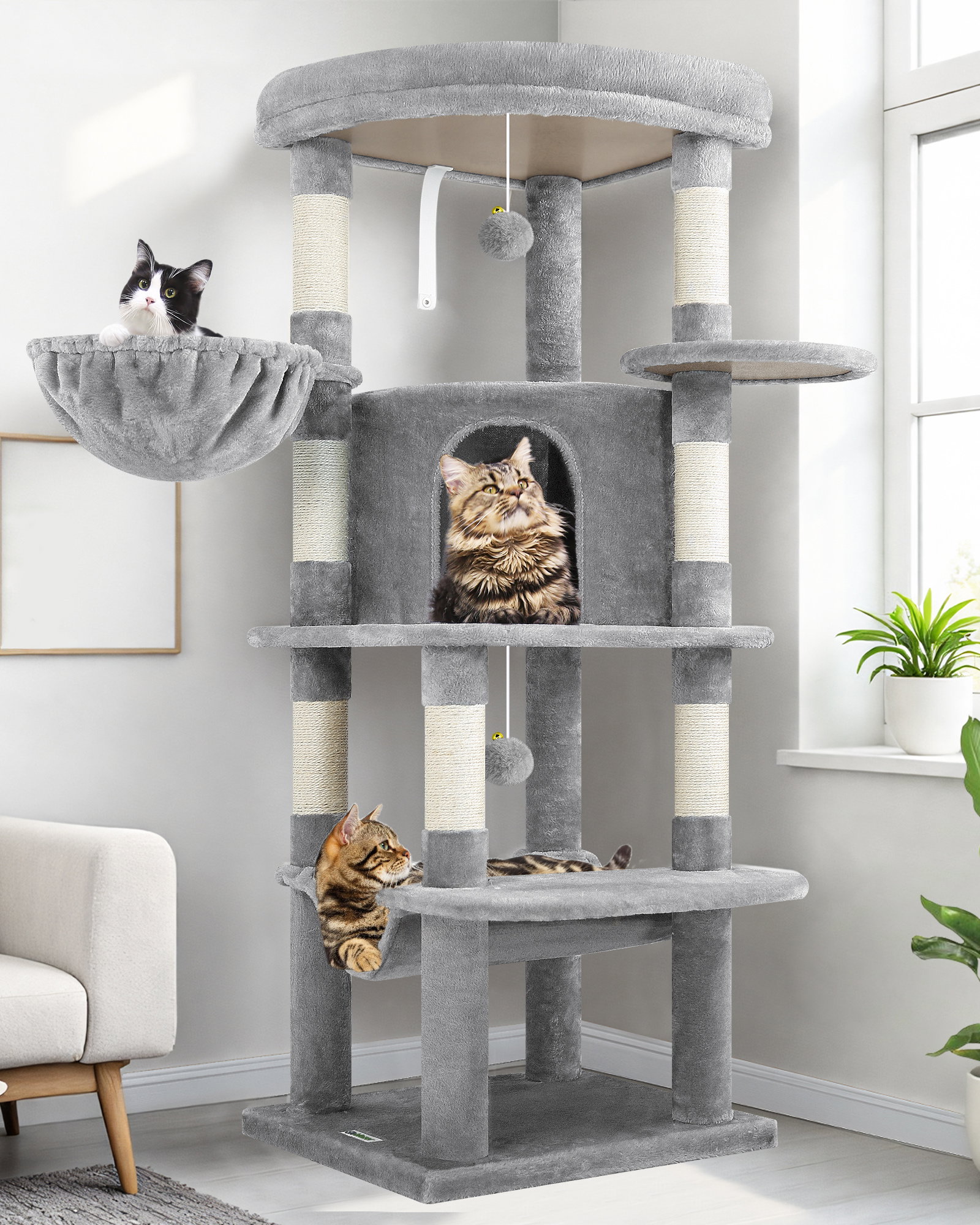 C51 Corner Cat Tree(Light Grey,51-inch)