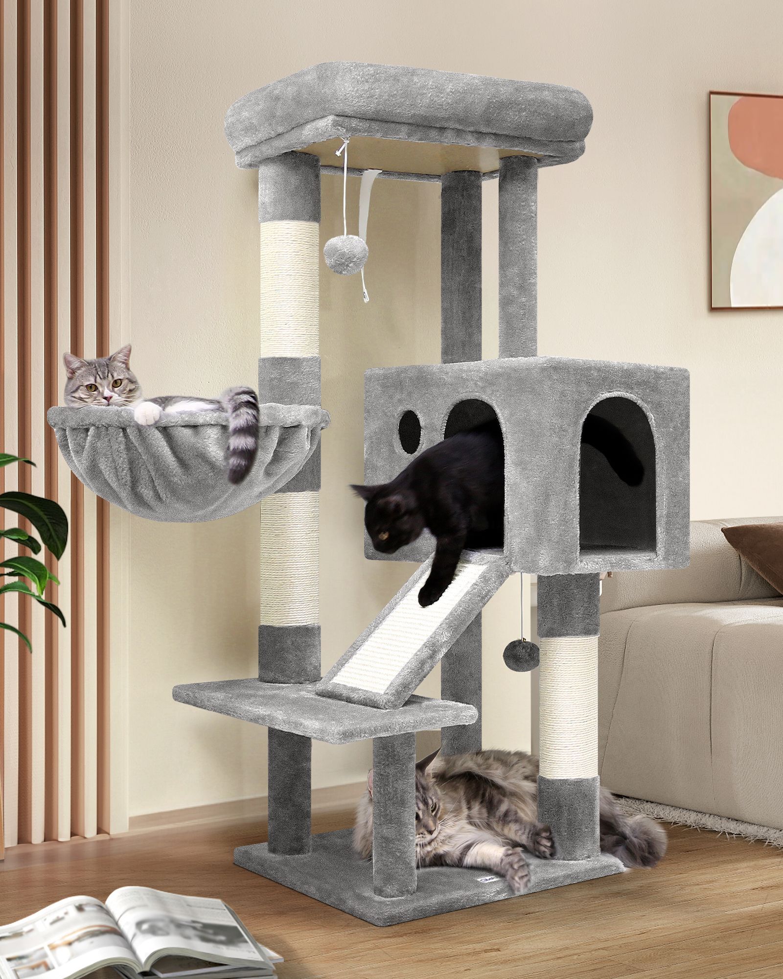 S45 Cat Tower With Scratching Post(Light Grey,45-inch)