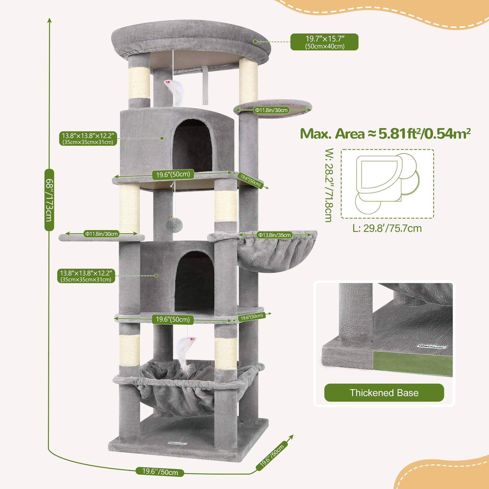 C68 Large Cat Tower(Light Gray,68-inch)