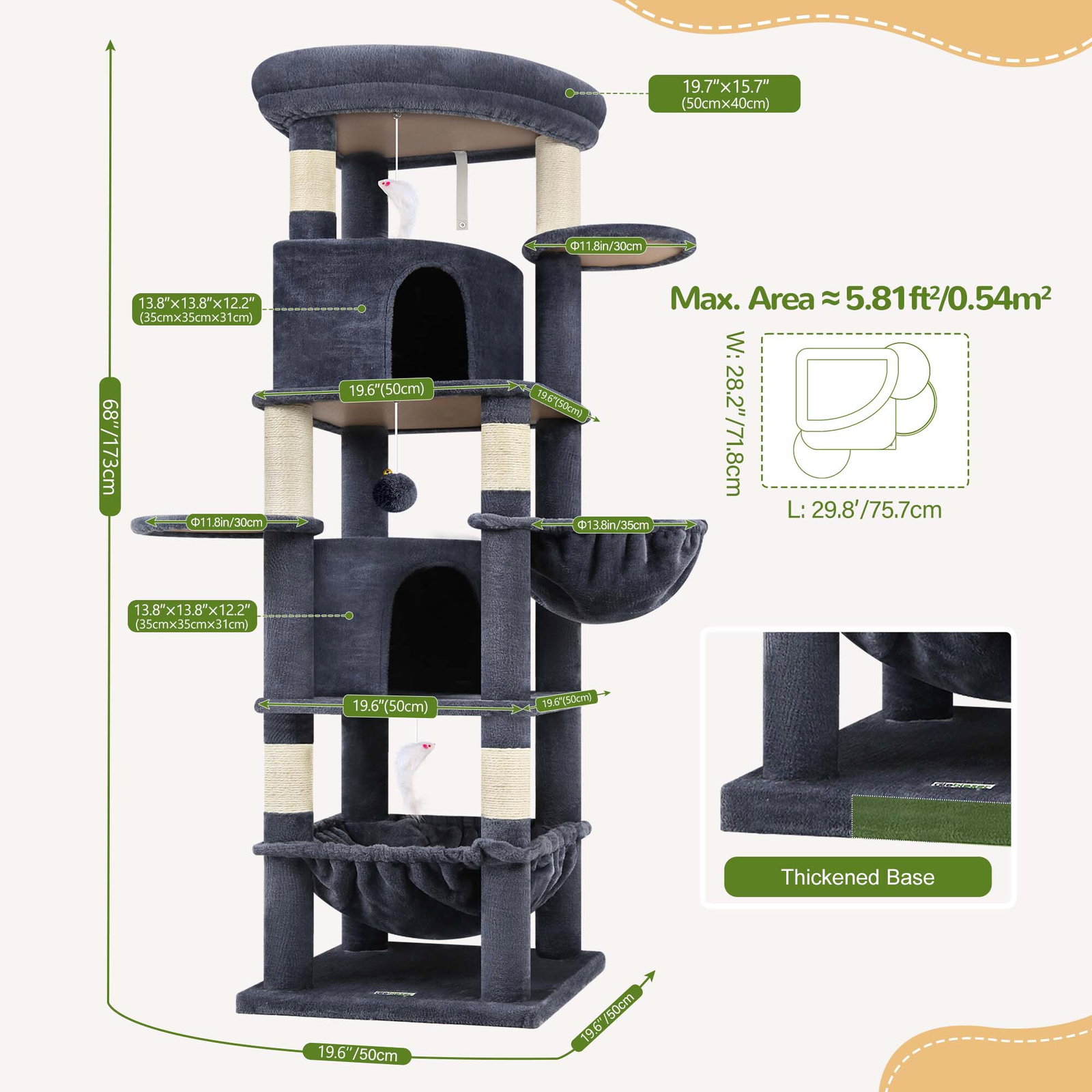 C68 Large Cat Tower(Dark Gray,68-inch)