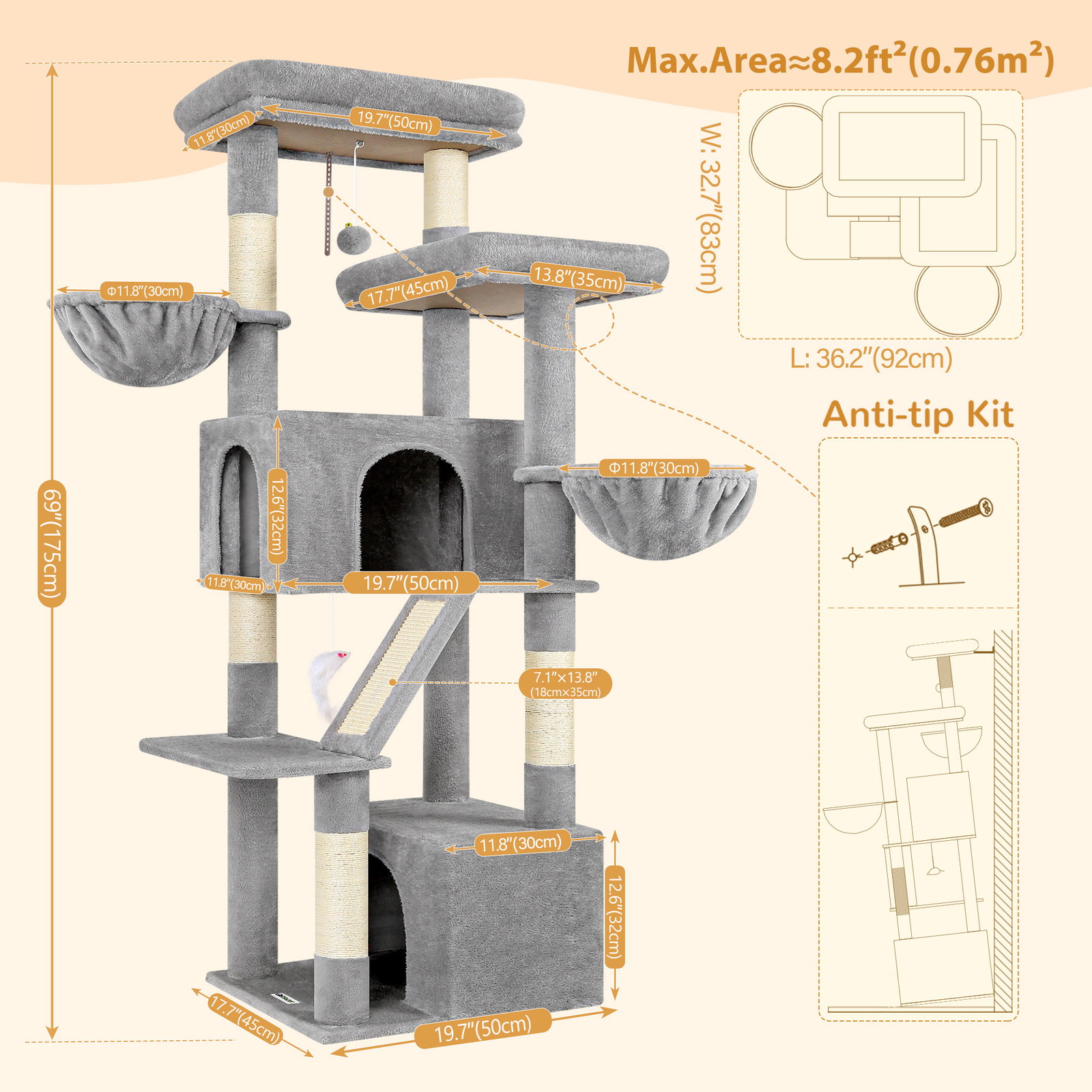S69 Cat Tree(Light Grey,69-inch)