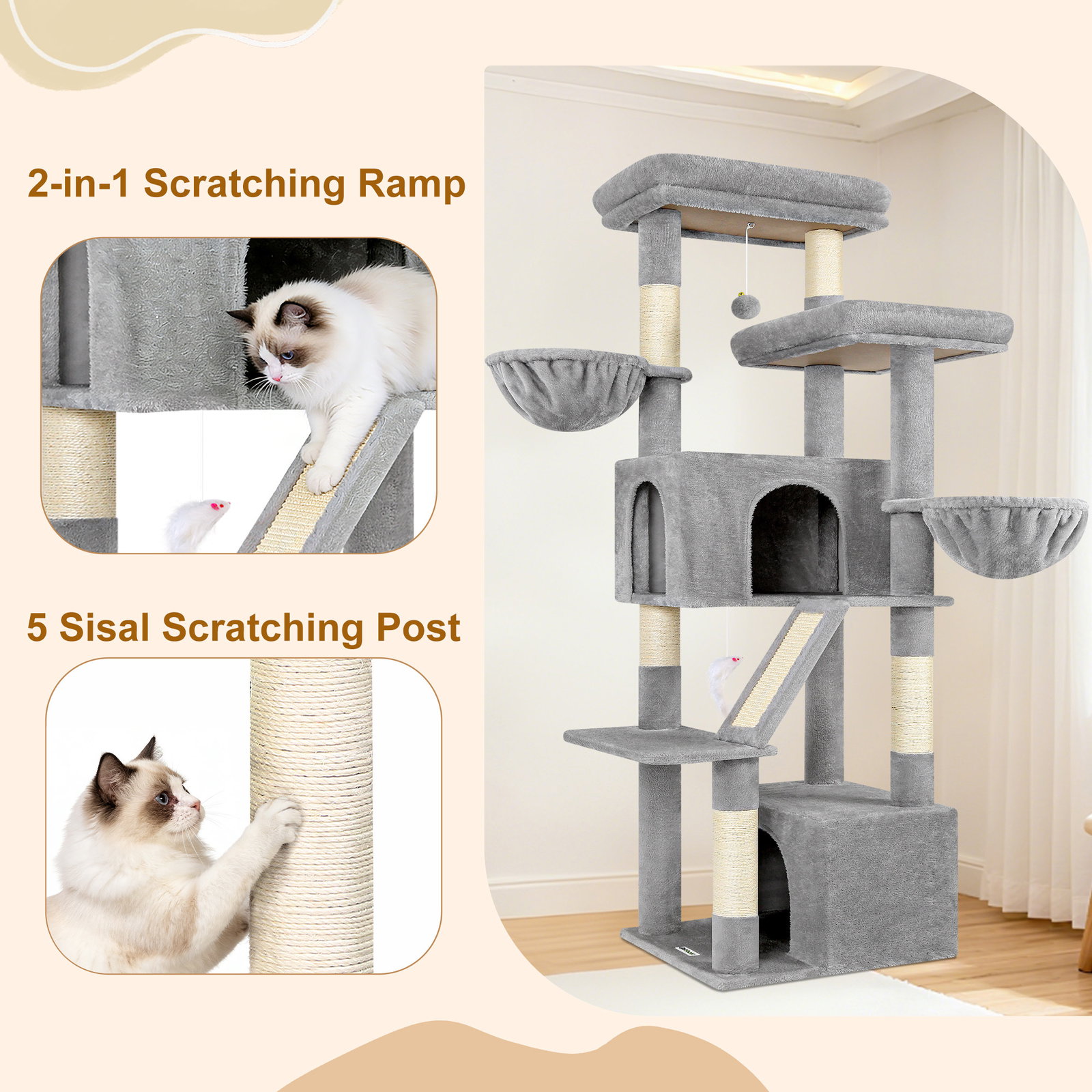 S69 Cat Tree(Light Grey,69-inch)