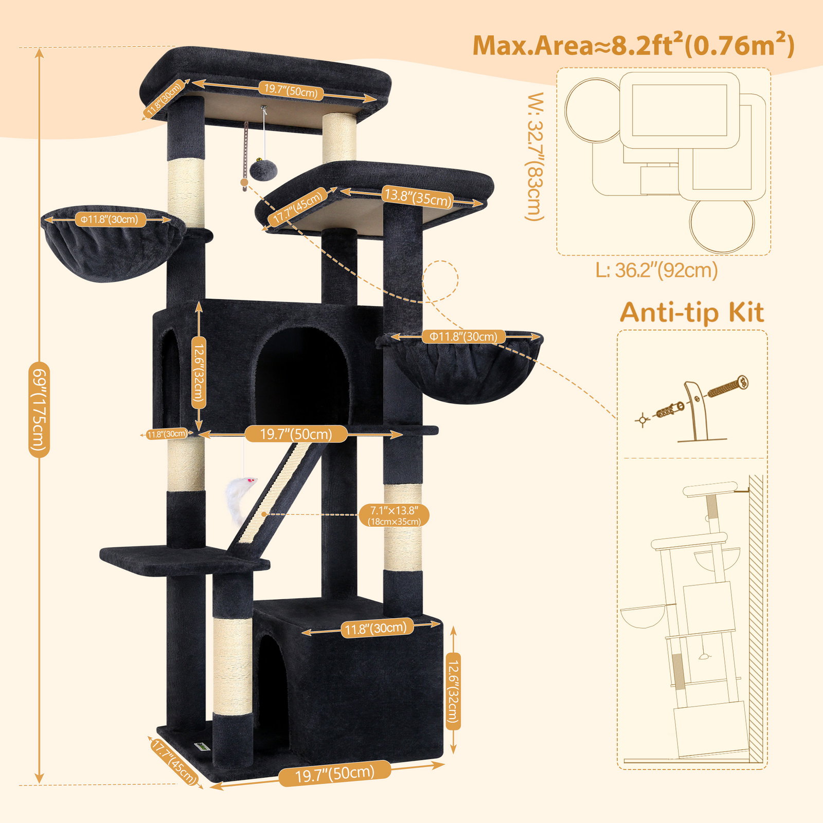 S69 Cat Tree(Dark Grey,69-inch)