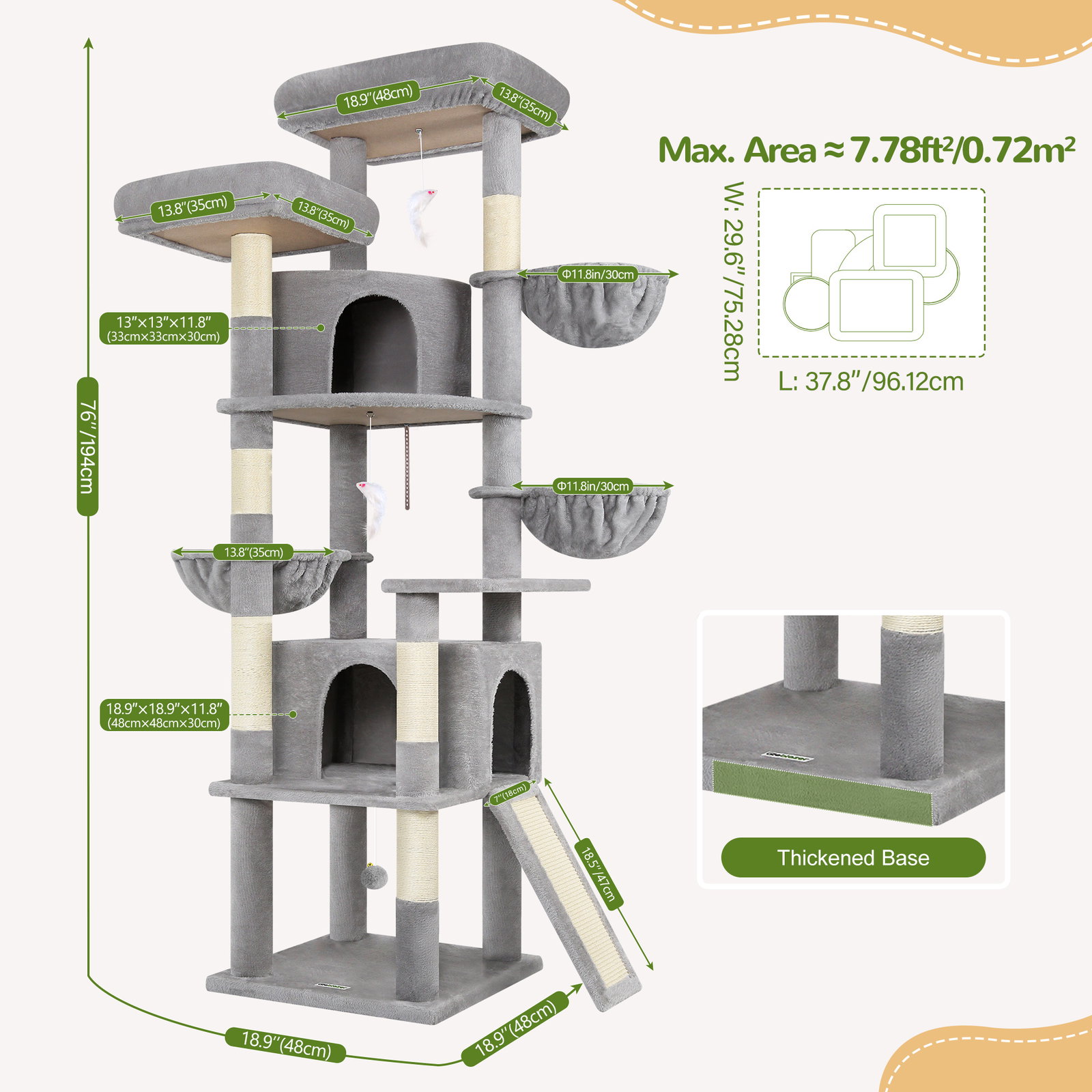 F76C Cat Tree(Light Grey,76-inch)