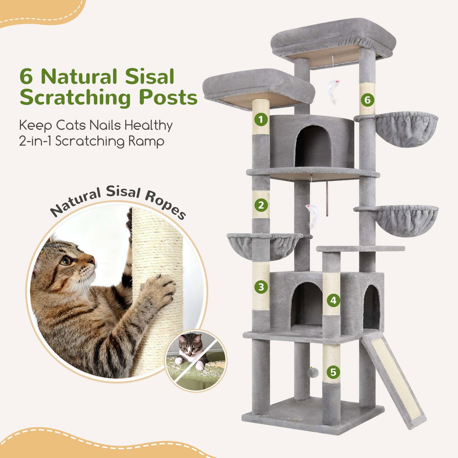 F76C Cat Tree(Light Grey,76-inch)