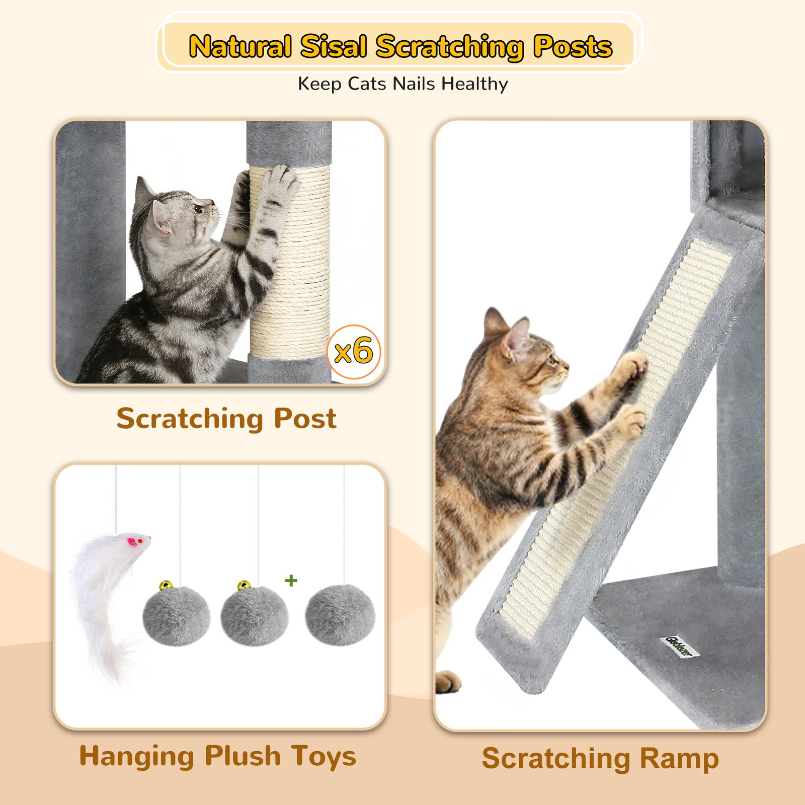 S78 Cat Tower With Scratching Post(Light Grey,78-inch)