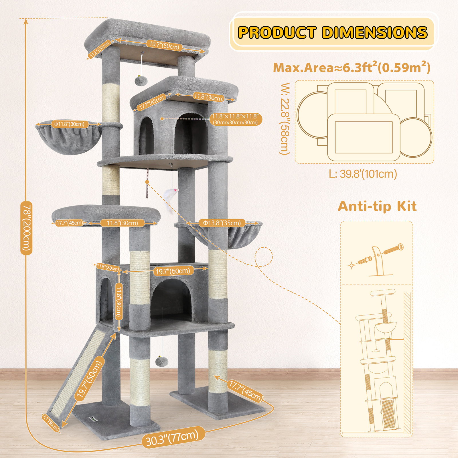 S78 Cat Tower With Scratching Post(Light Grey,78-inch)
