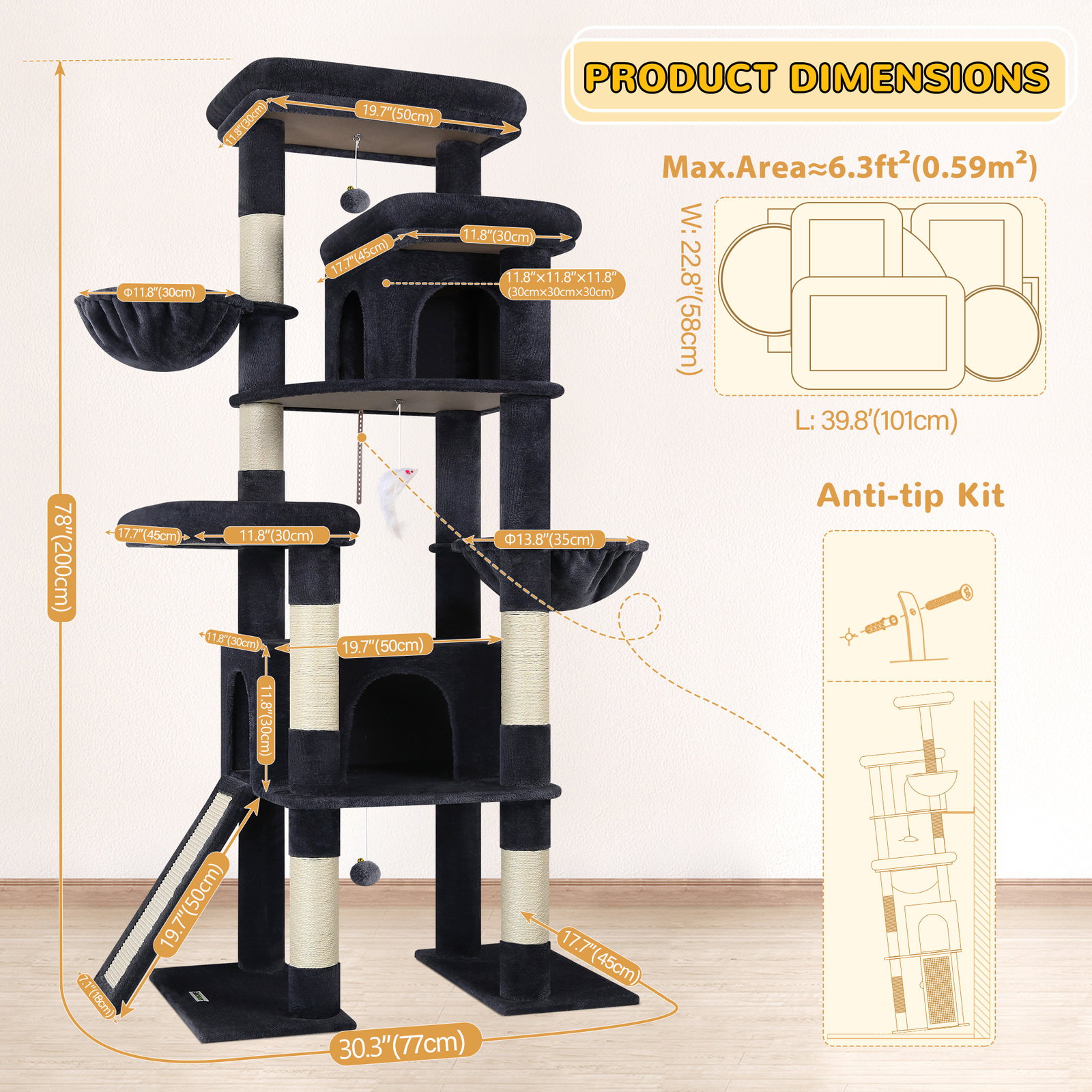 S78 Cat Tower With Scratching Post(Dark Grey,78-inch)