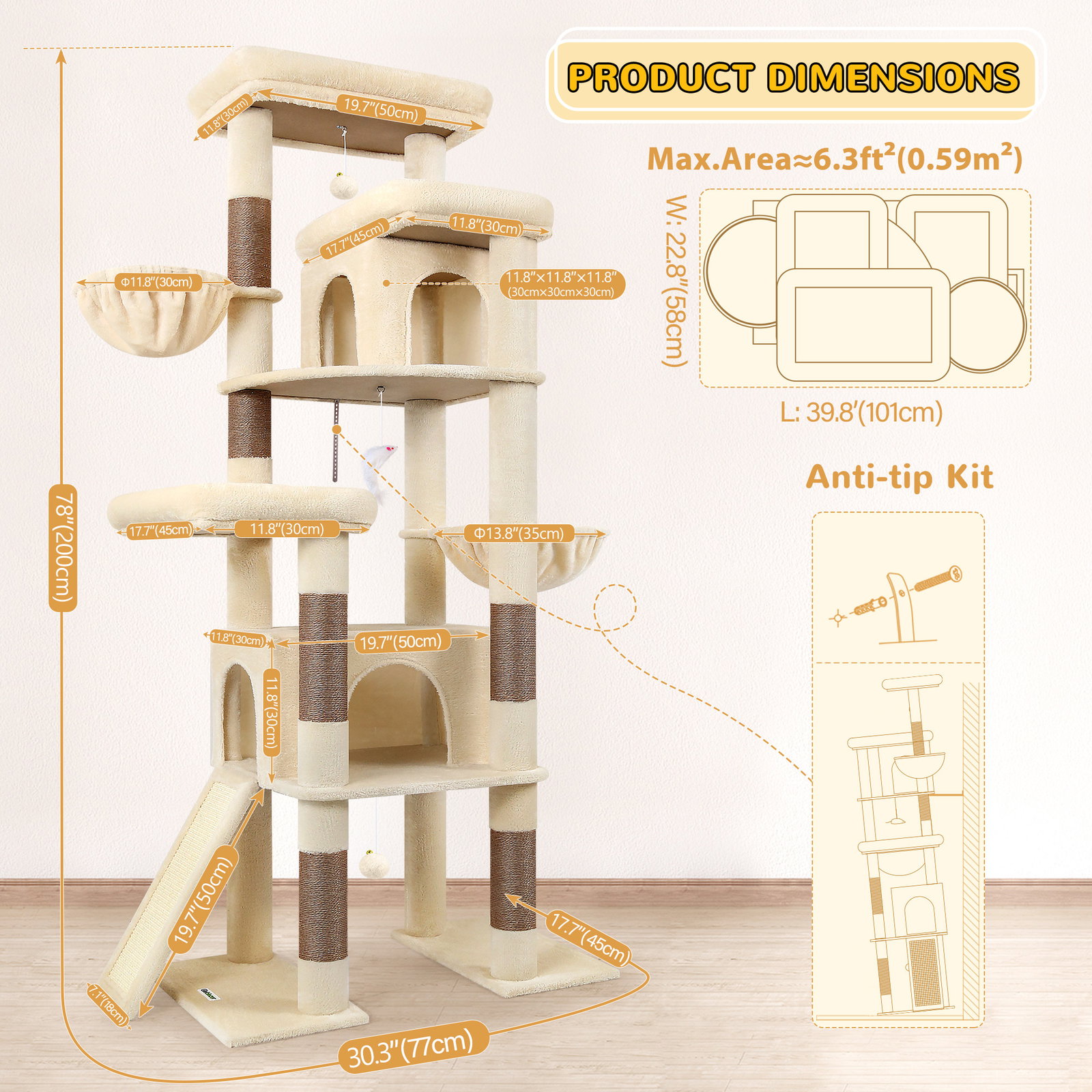 S78 Cat Tower With Scratching Post(Beige,78-inch)