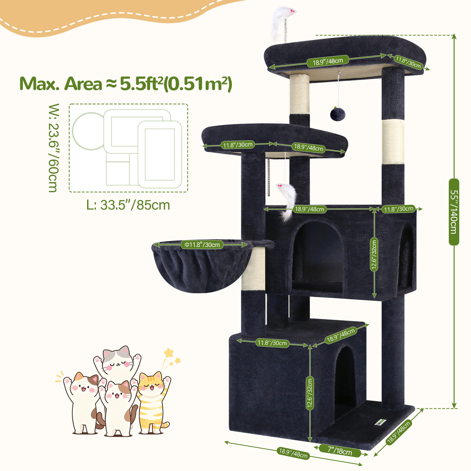 F55 Cat Tree For Indoor Cats Large Adult(Dark Grey,55-inch)