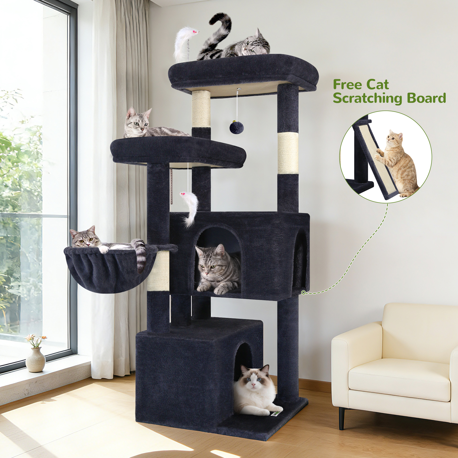 F55 Cat Tree For Indoor Cats Large Adult(Dark Grey,55-inch)