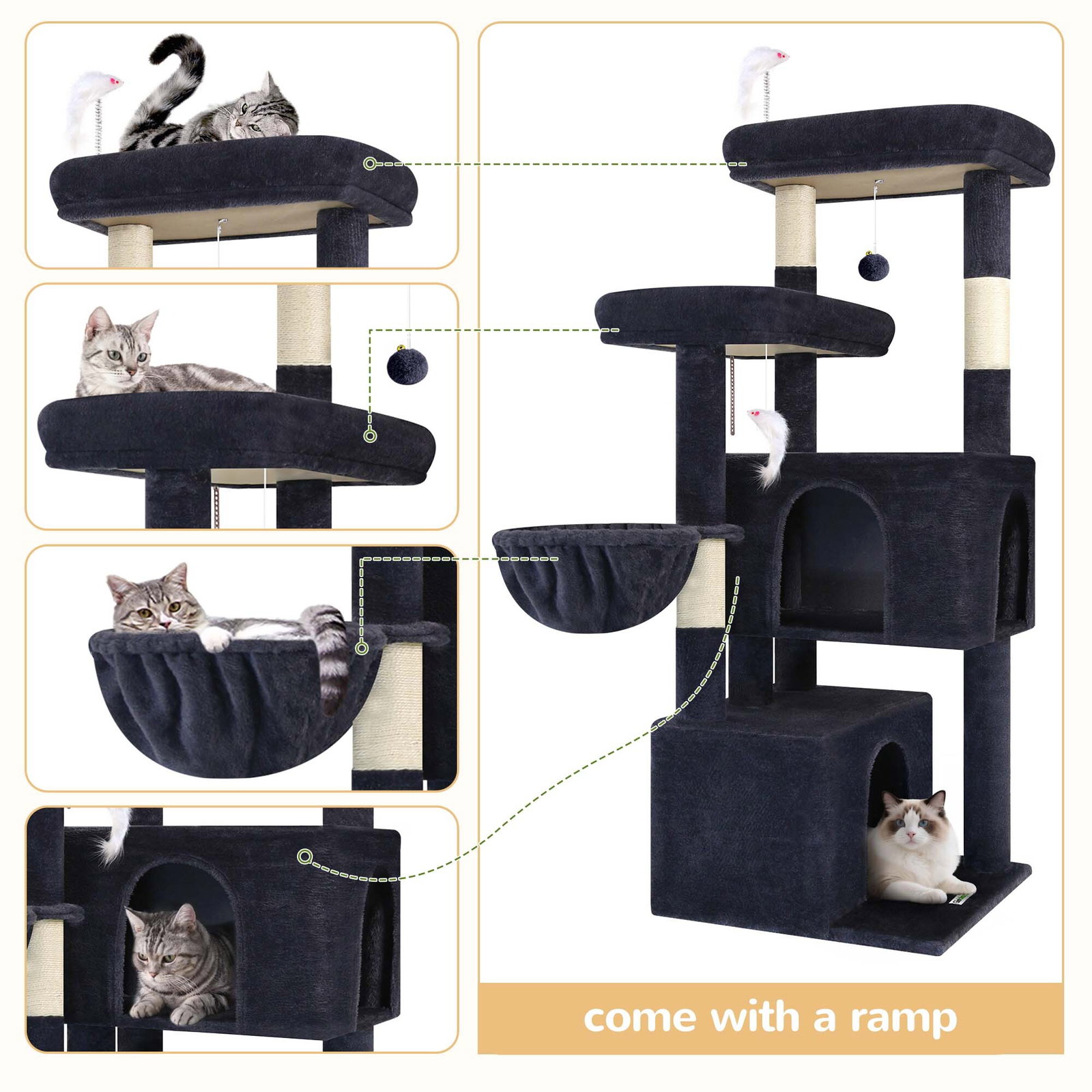F55 Cat Tree For Indoor Cats Large Adult(Dark Grey,55-inch)