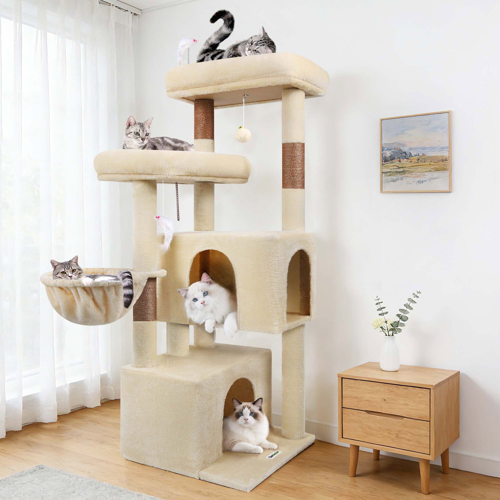 F55 Cat Tree For Indoor Cats Large Adult(Beige,55-inch)