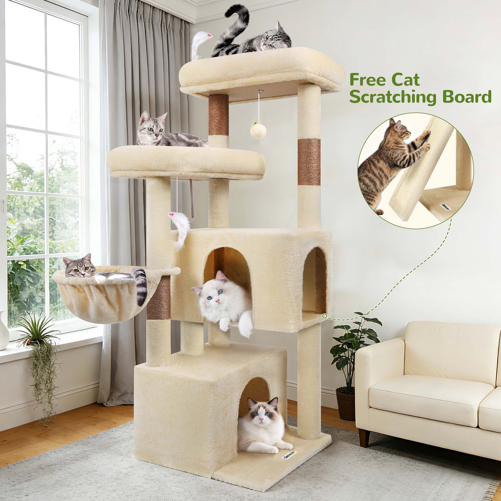 F55 Cat Tree For Indoor Cats Large Adult(Beige,55-inch)