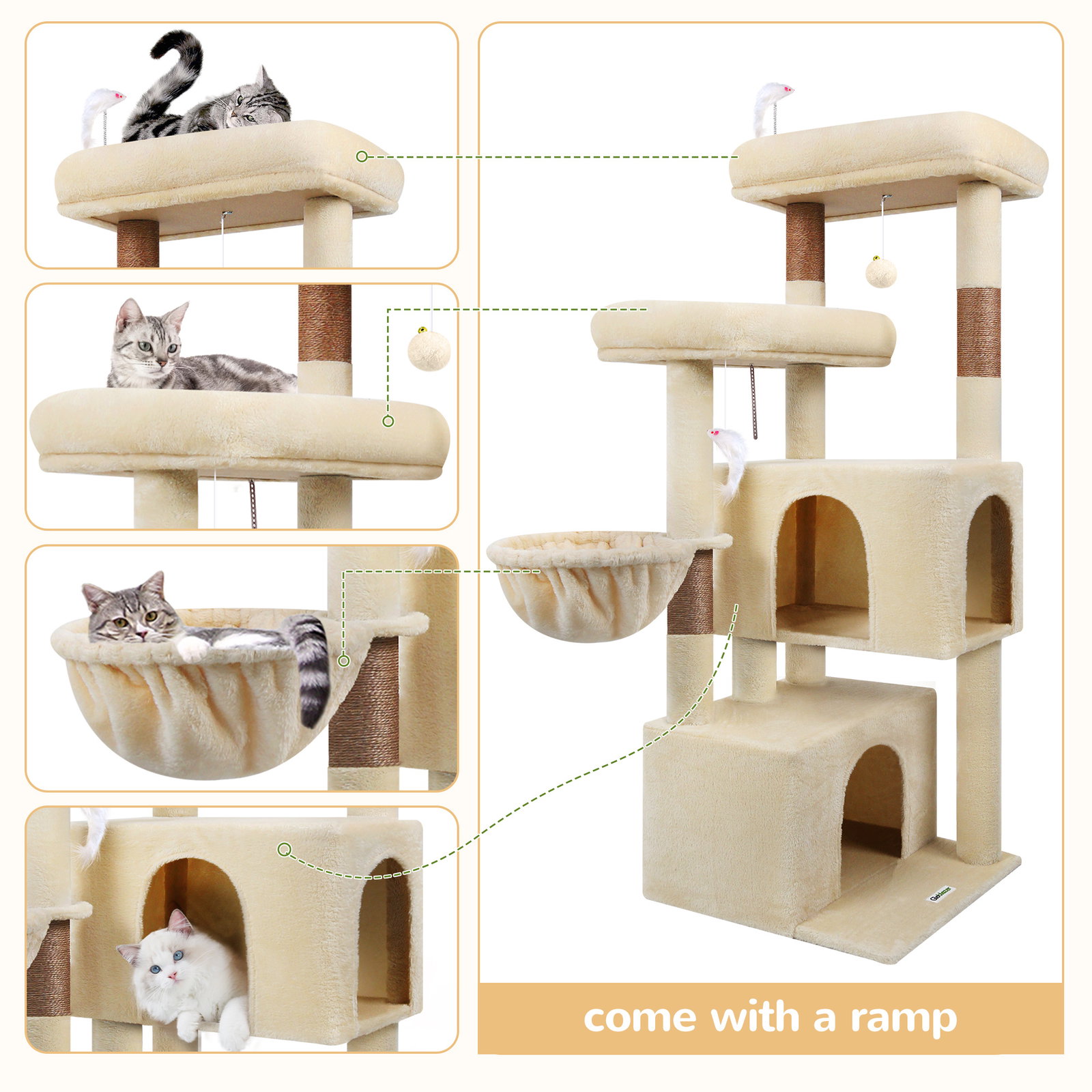 F55 Cat Tree For Indoor Cats Large Adult(Beige,55-inch)