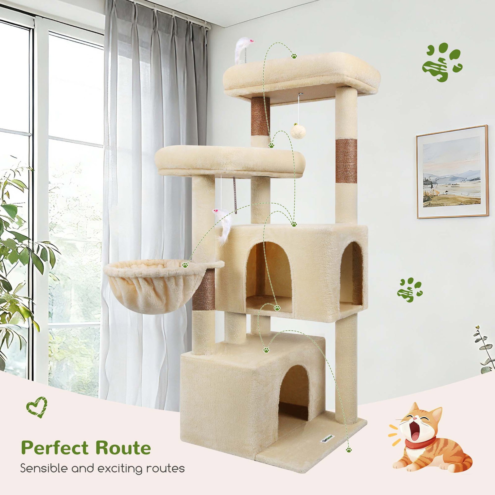 F55 Cat Tree For Indoor Cats Large Adult(Beige,55-inch)