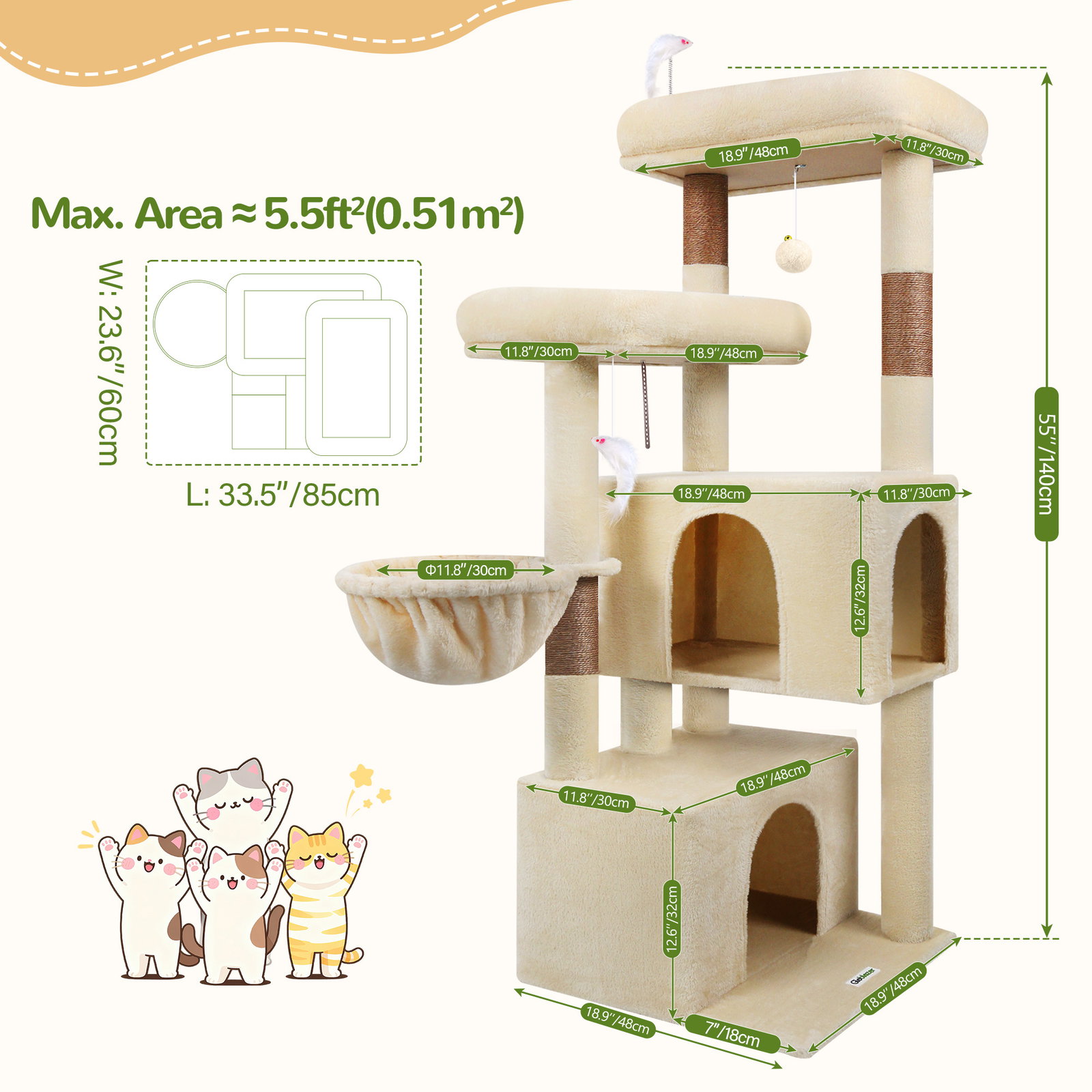 F55 Cat Tree For Indoor Cats Large Adult(Beige,55-inch)