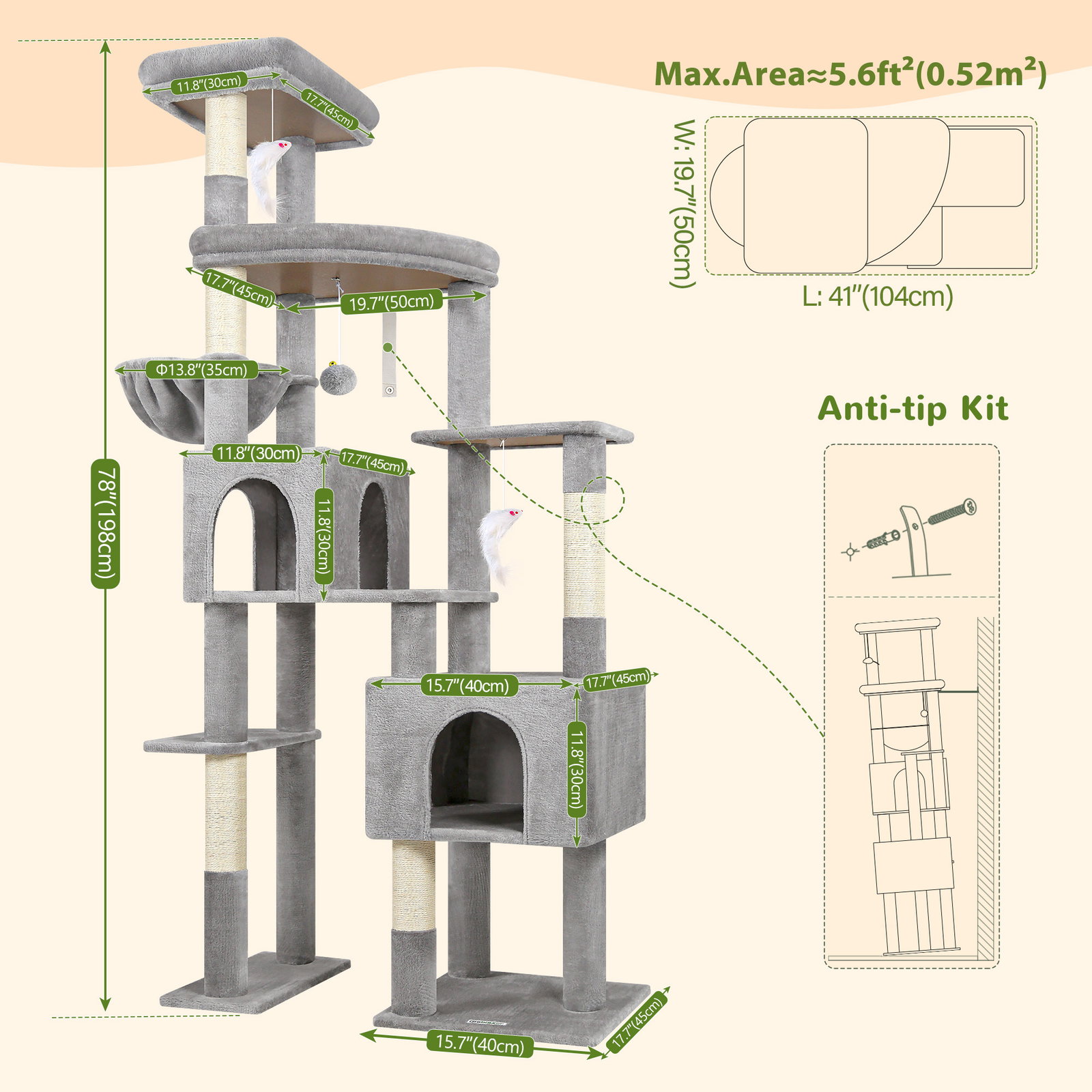 F78C Heavy Duty Cat Tree(Light Grey,78-inch)