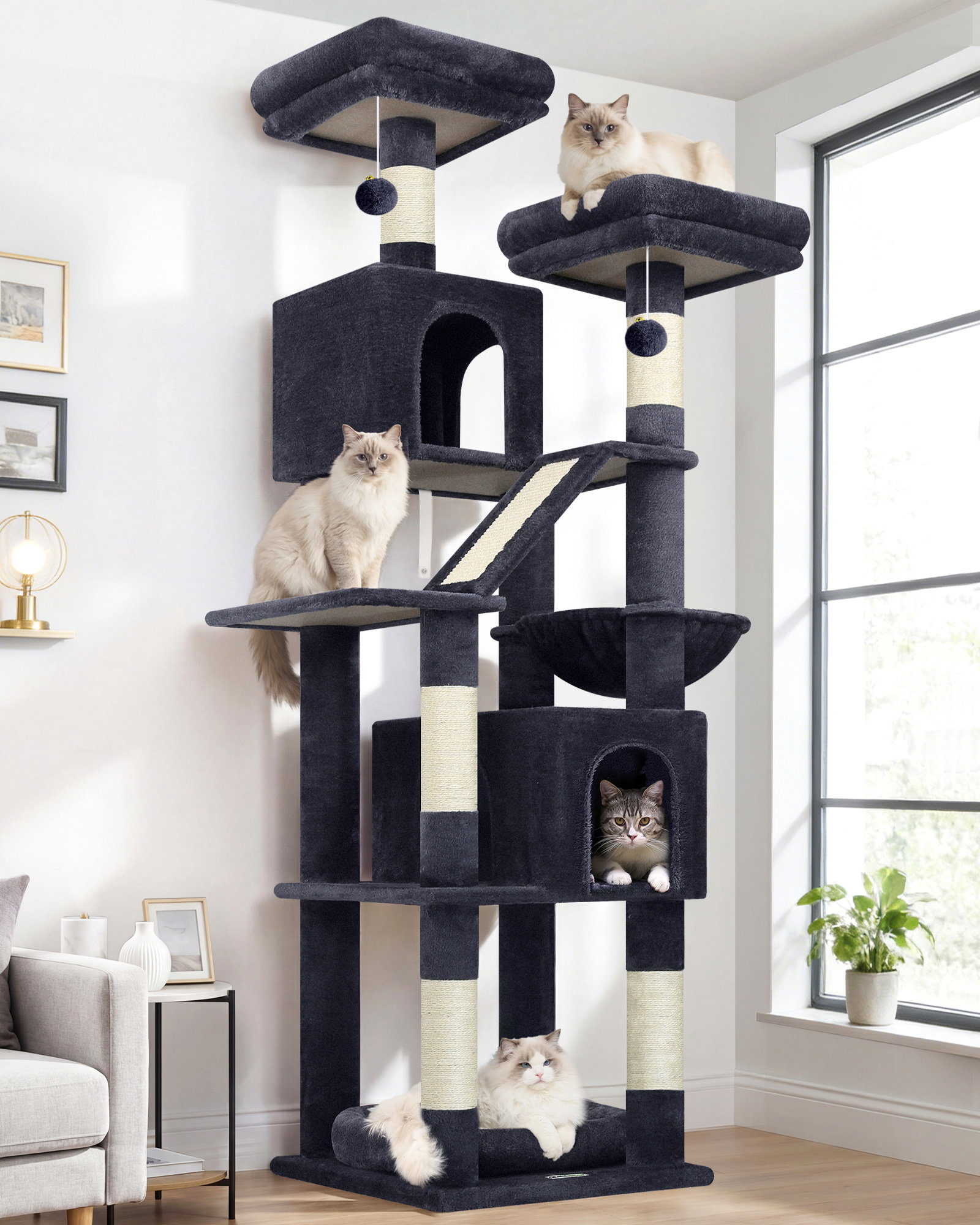 F74D Cat Tree Tower(Dark Grey,74-inch)
