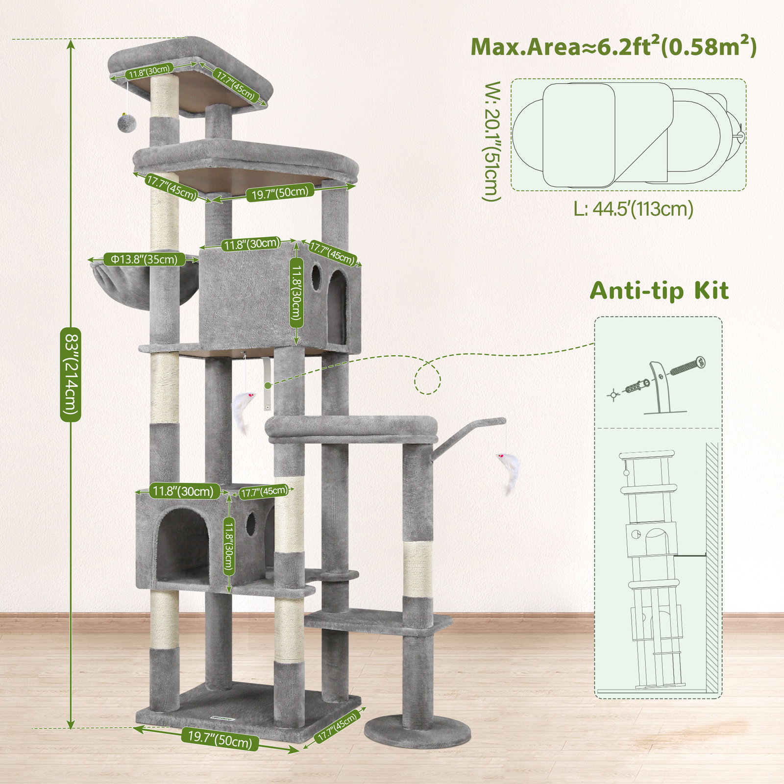 S83 Heavy Duty Cat Tree(Light Grey,83-inch)