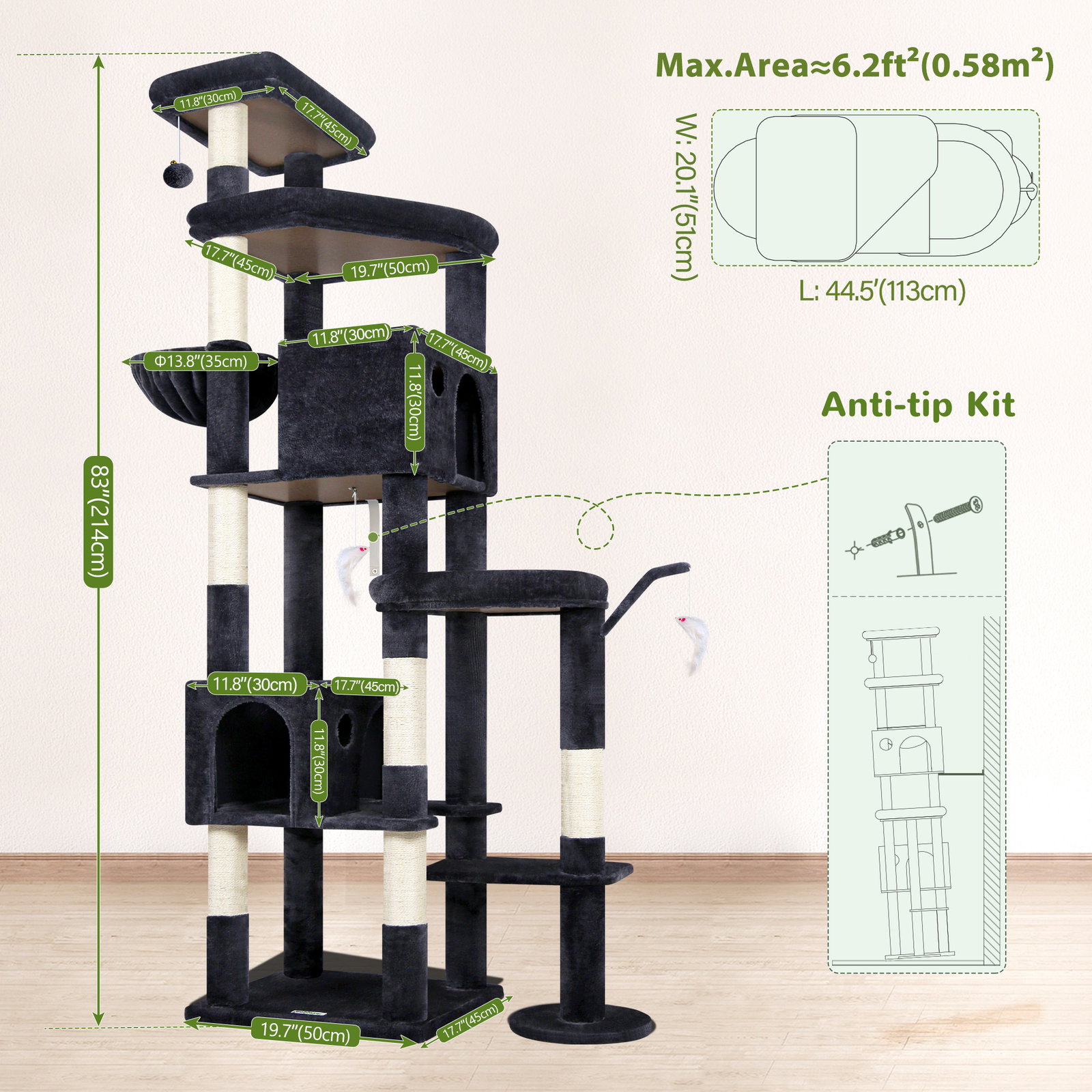 S83 Heavy Duty Cat Tree(Dark Grey,83-inch)