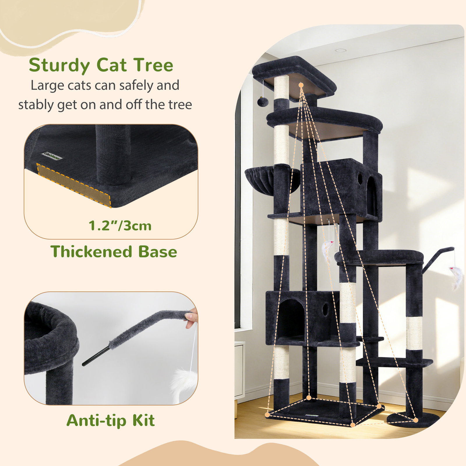 S83 Heavy Duty Cat Tree(Dark Grey,83-inch)