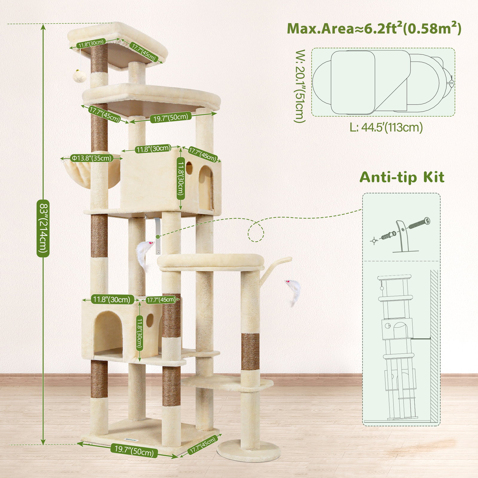 S83 Heavy Duty Cat Tree(Beige,83-inch)