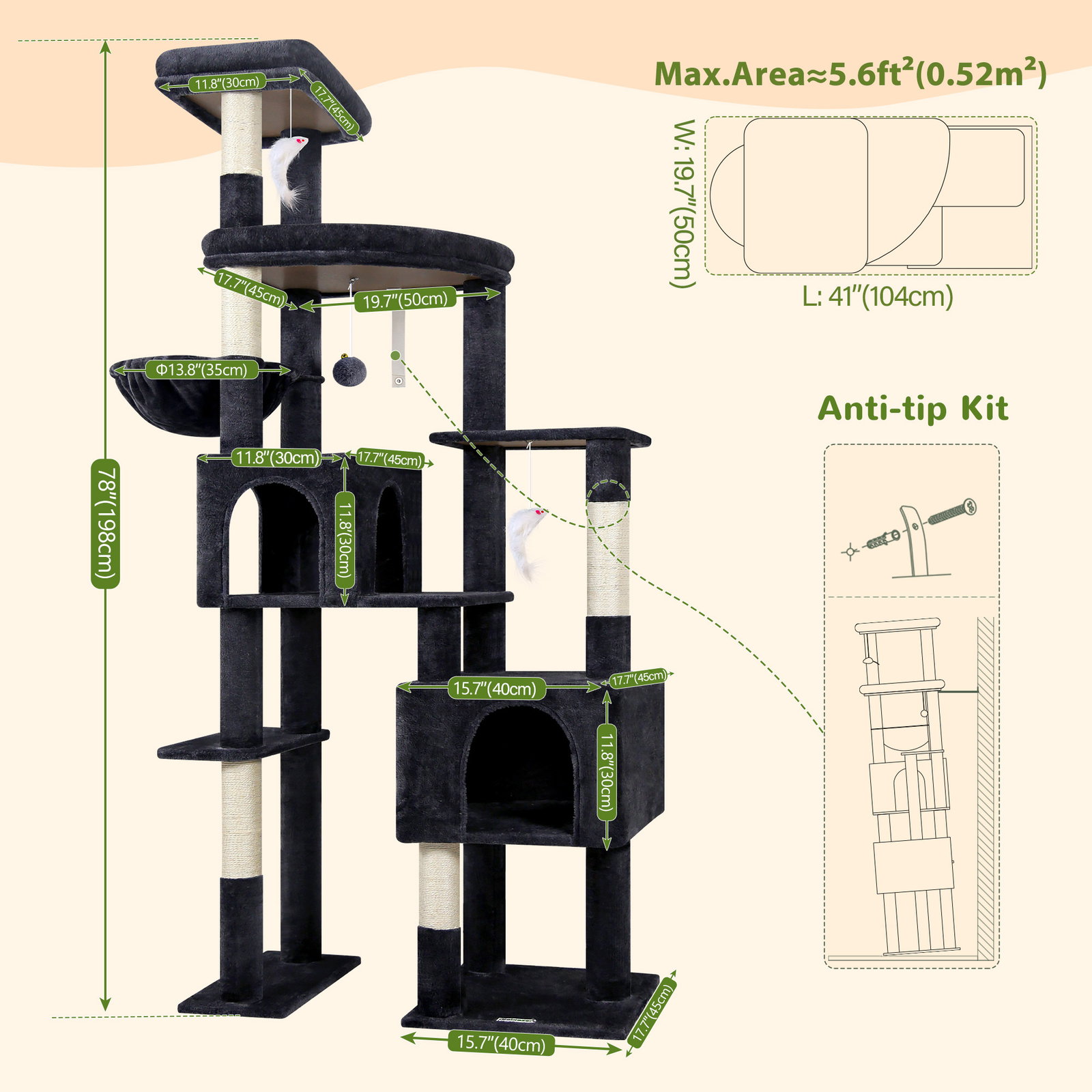 F78C Heavy Duty Cat Tree(Dark Grey,78-inch)