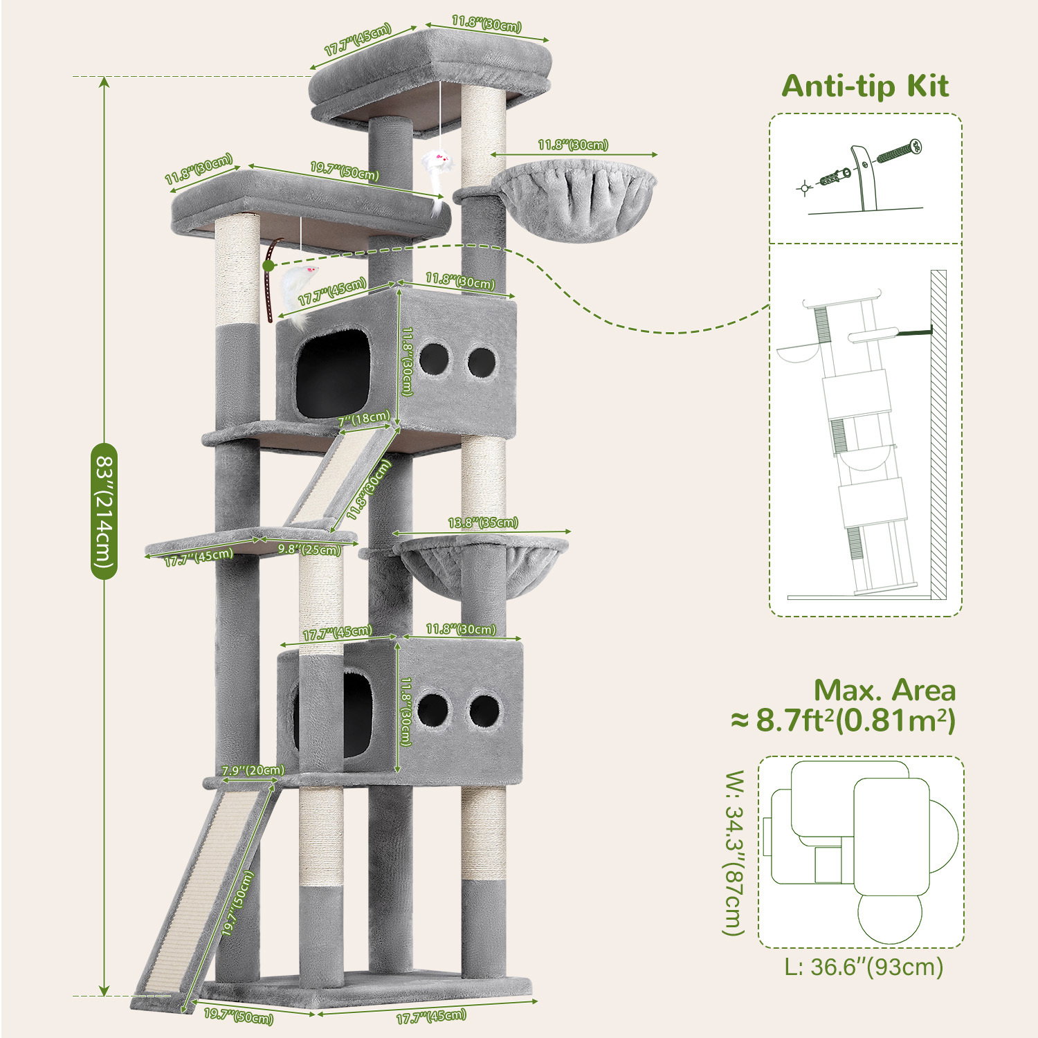 S83F Heavy Duty Cat Tree(Light Grey,83-inch)