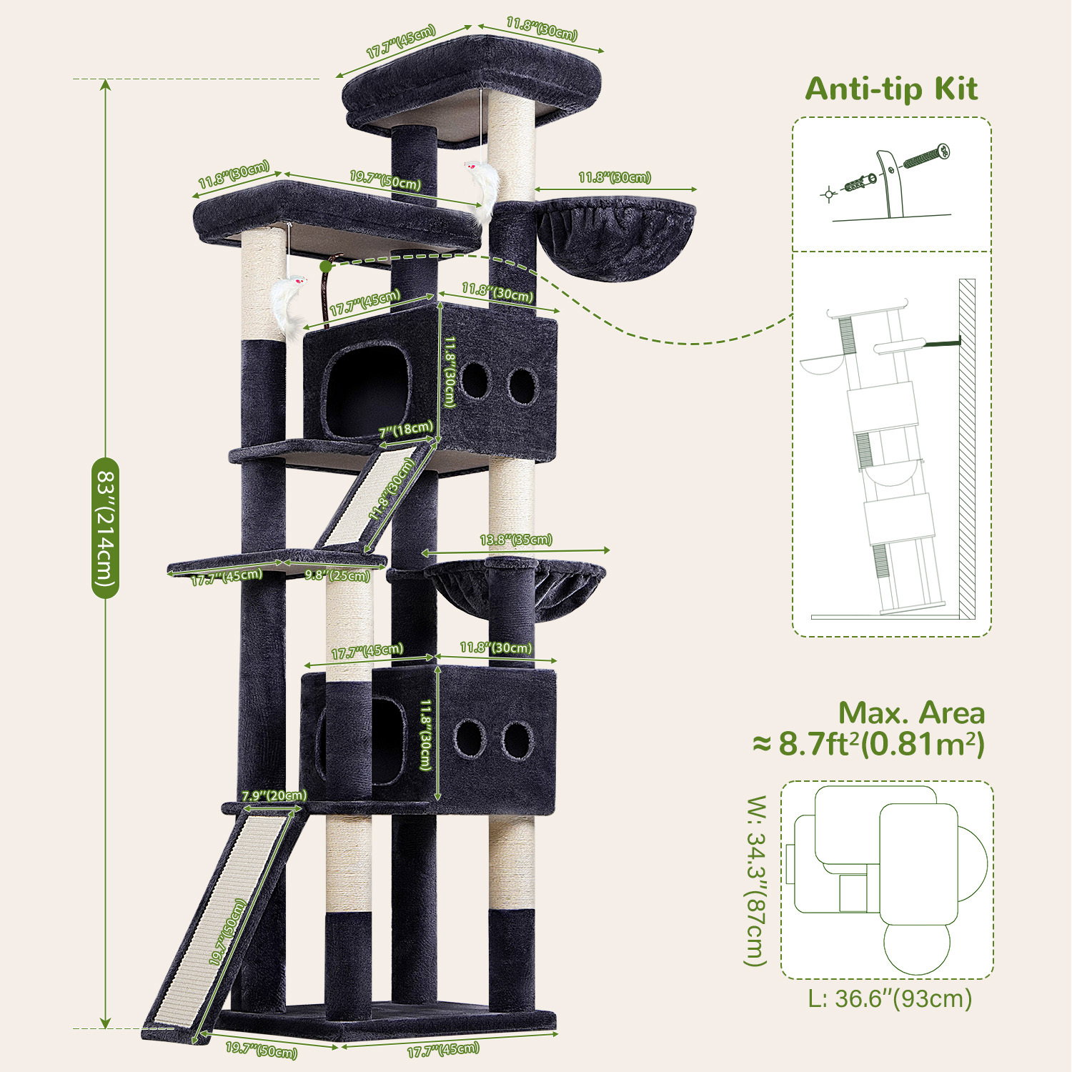 S83F Heavy Duty Cat Tree(Dark Grey,83-inch)