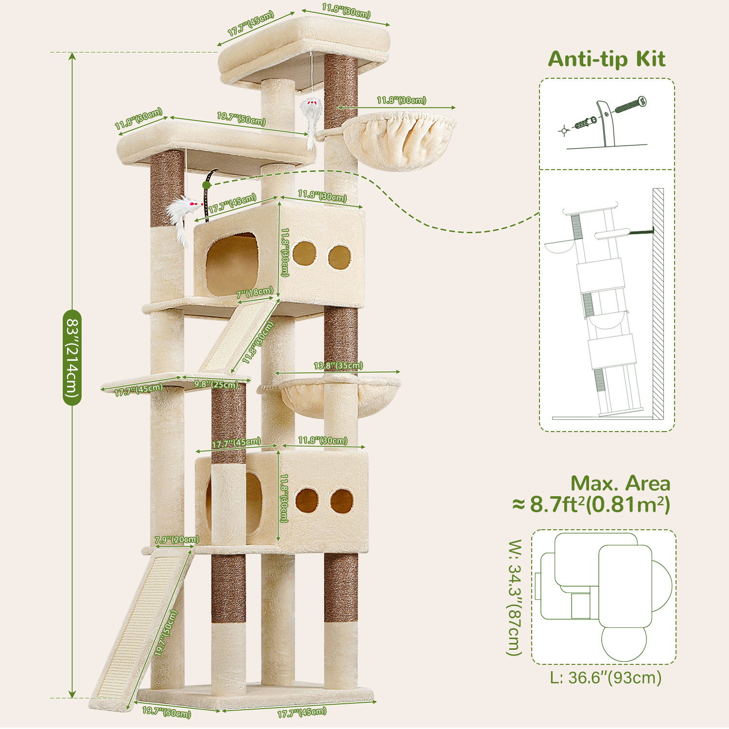 S83F Heavy Duty Cat Tree(Beige,83-inch)