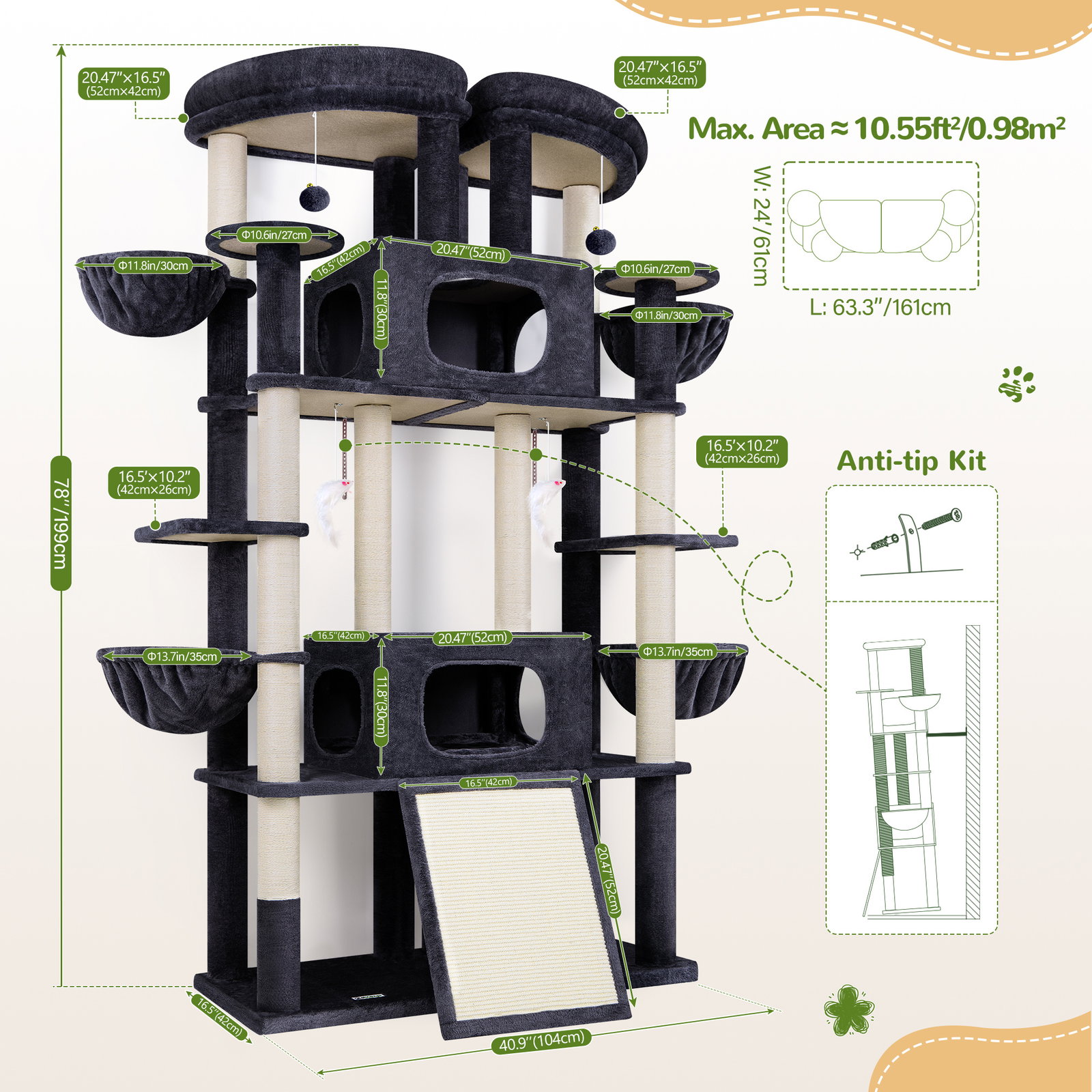 S78E Heavy Duty Cat Tree(Dark Grey,78-inch)