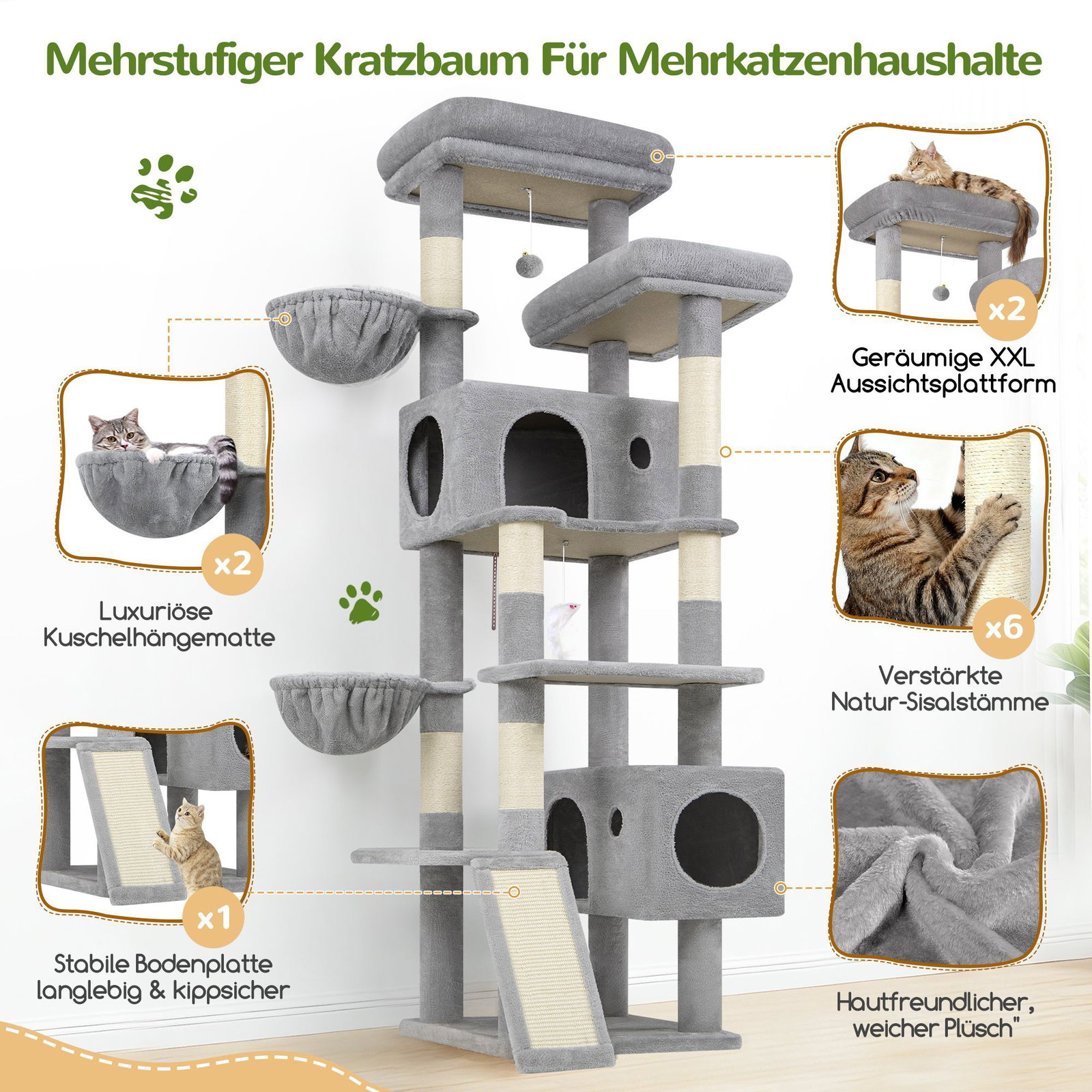 S77C Cat Tree(Light Grey,77-inch)