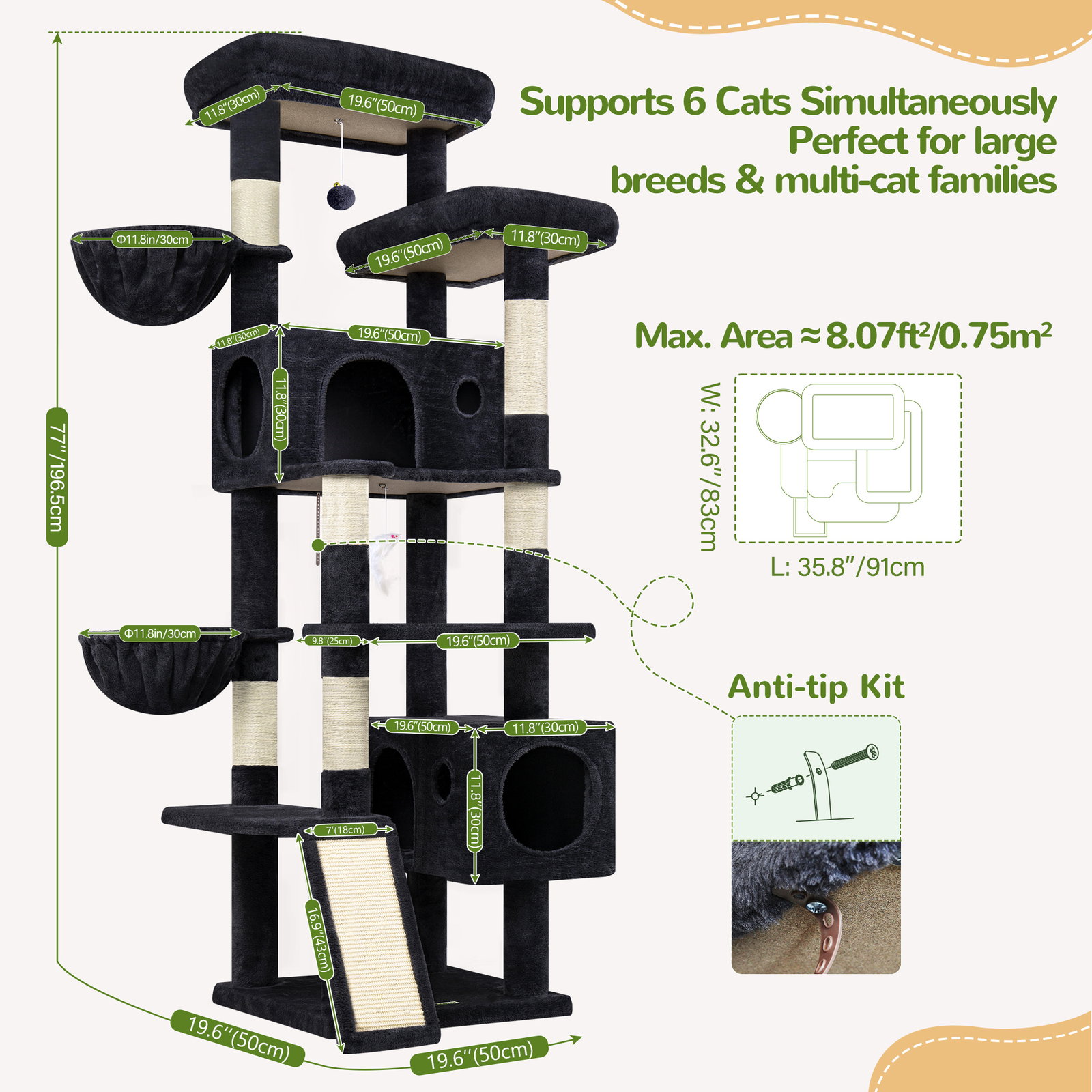S77C Cat Tree(Dark Grey,77-inch)