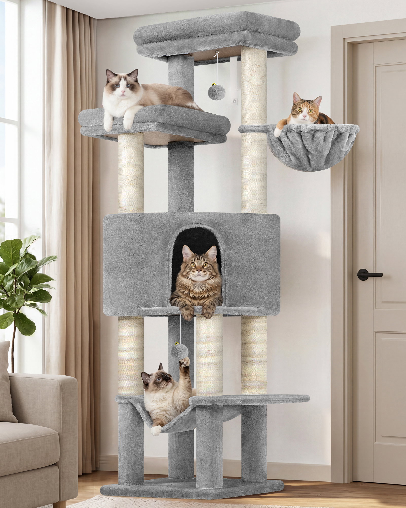 F65D Tall Cat Tower(Light Grey,65-inch)