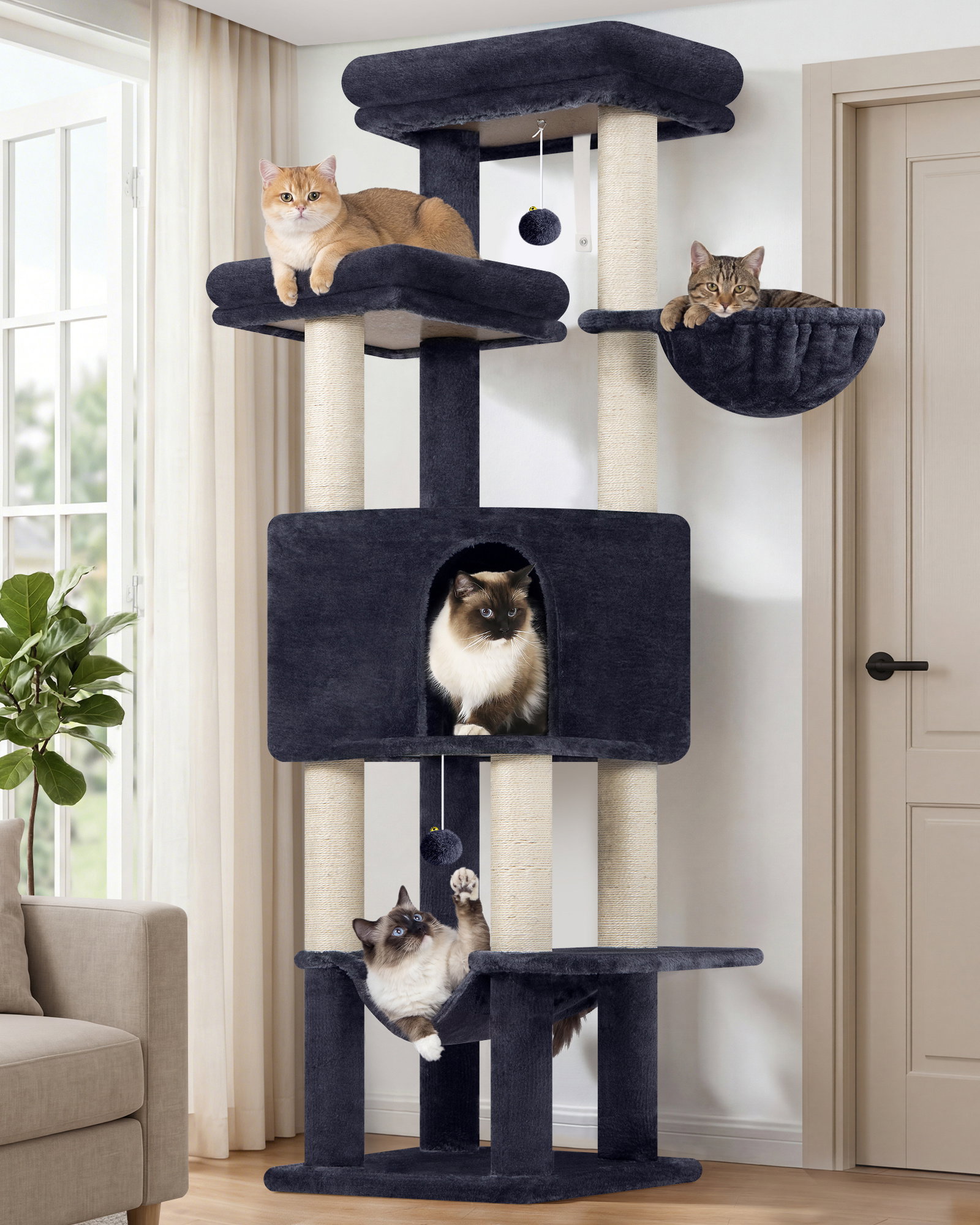 F65D Cat Tree(Dark Grey,65-inch)