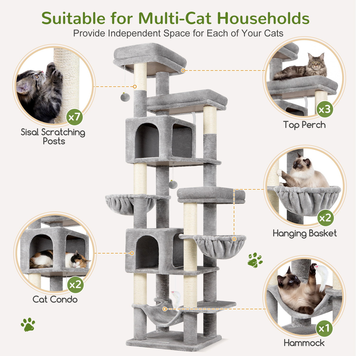 F82B Cat Tree(Light Grey,82-inch)