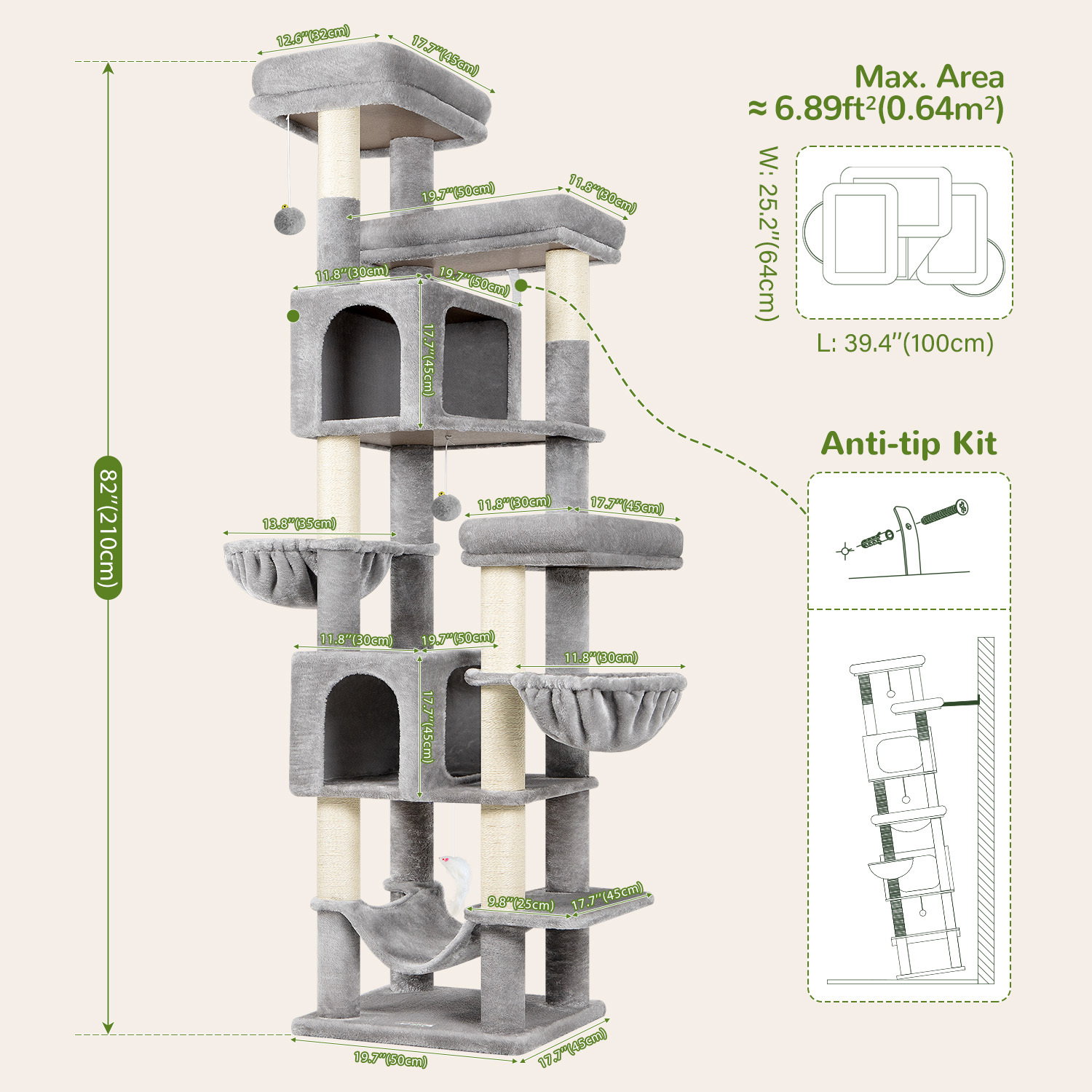 F82B Cat Tree(Light Grey,82-inch)