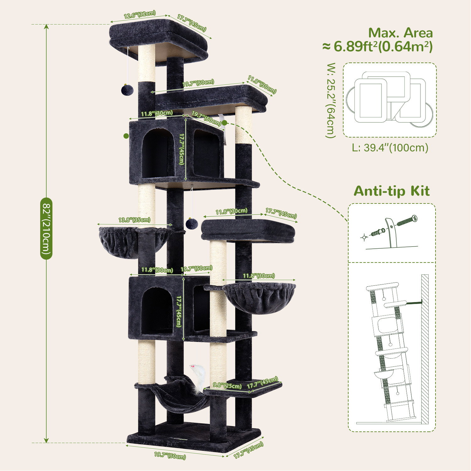 F82B Cat Tree(Dark Grey,82-inch)