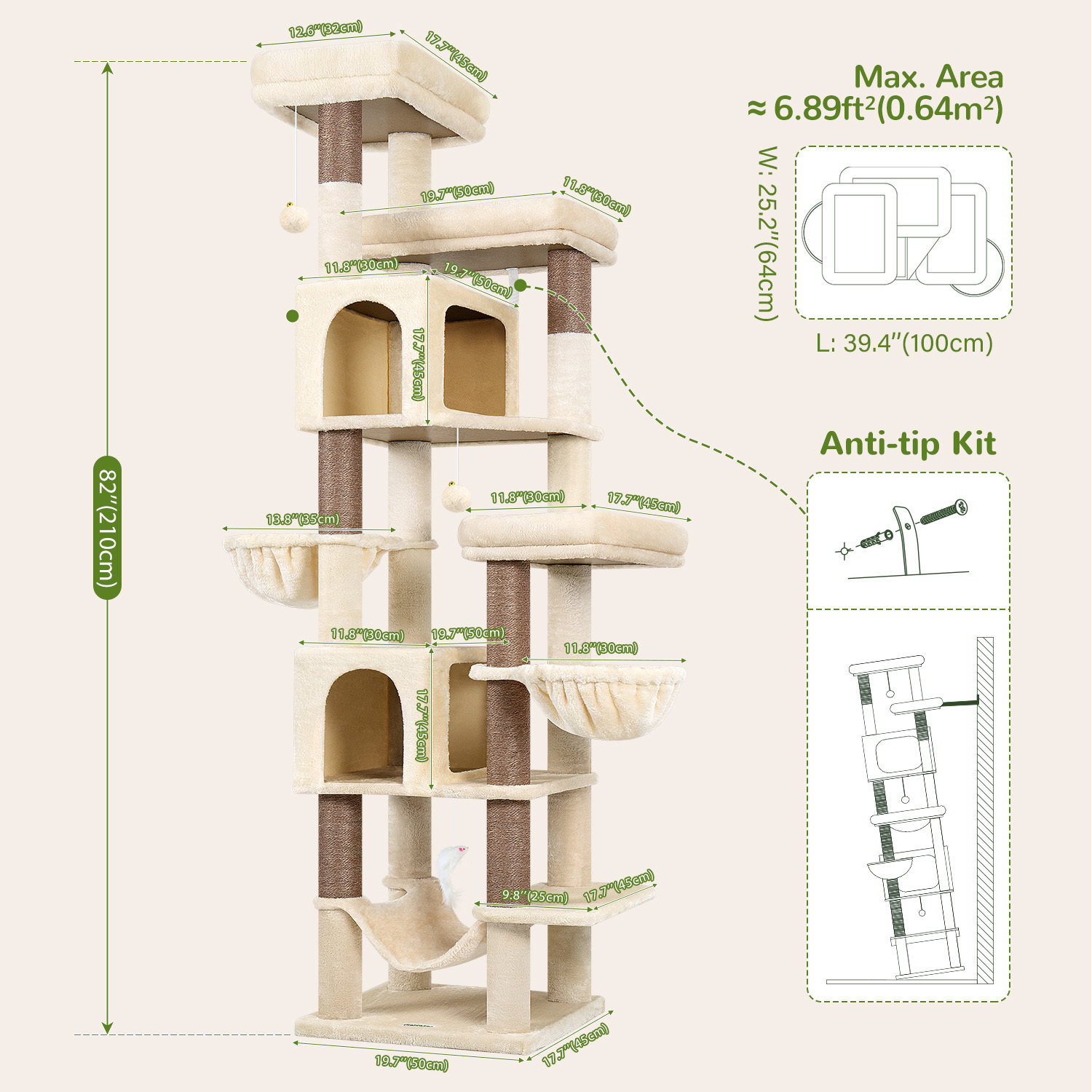 F82B Cat Tree(Beige,82-inch)
