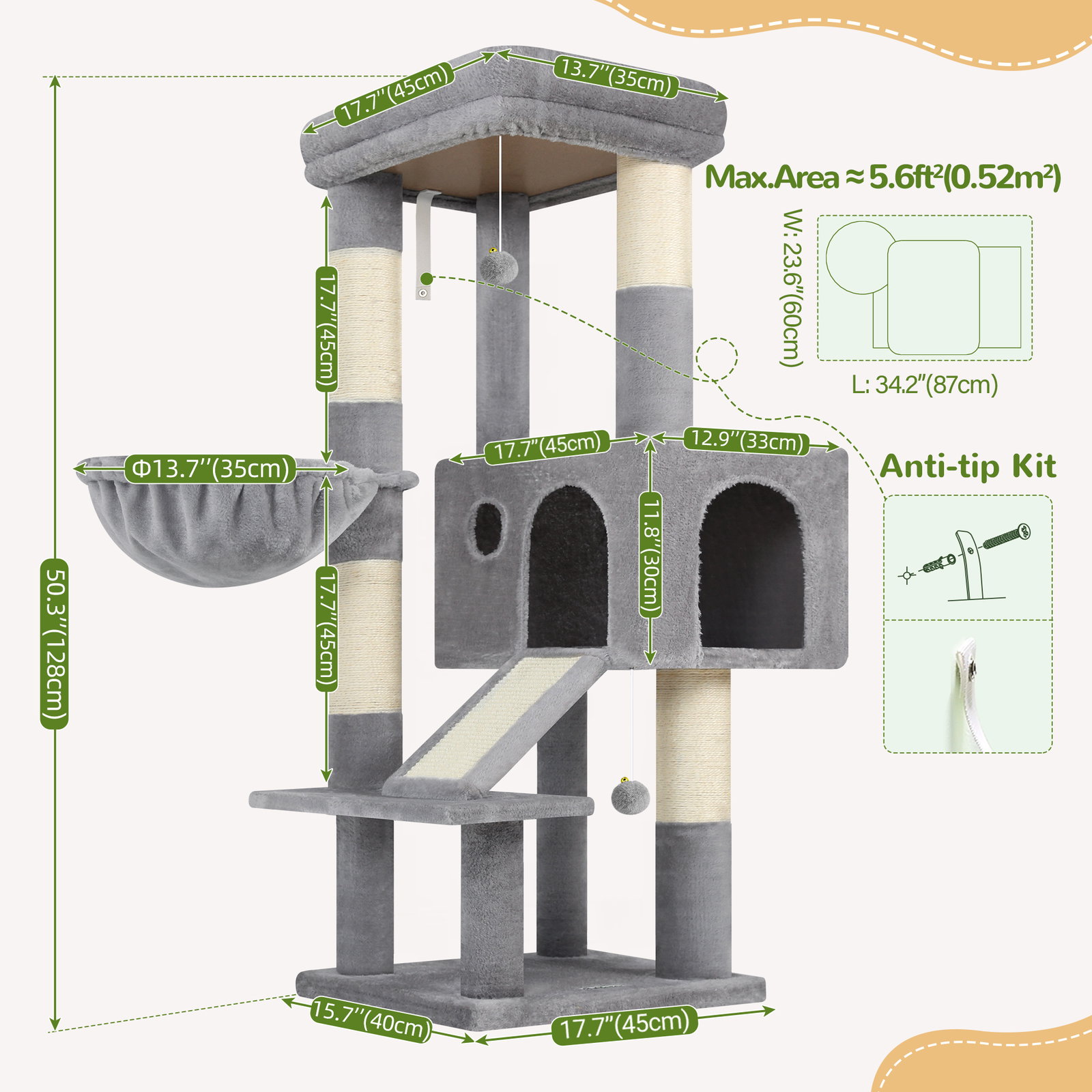 S50  Cat Tree For Large Cats(Light Grey,50-inch)